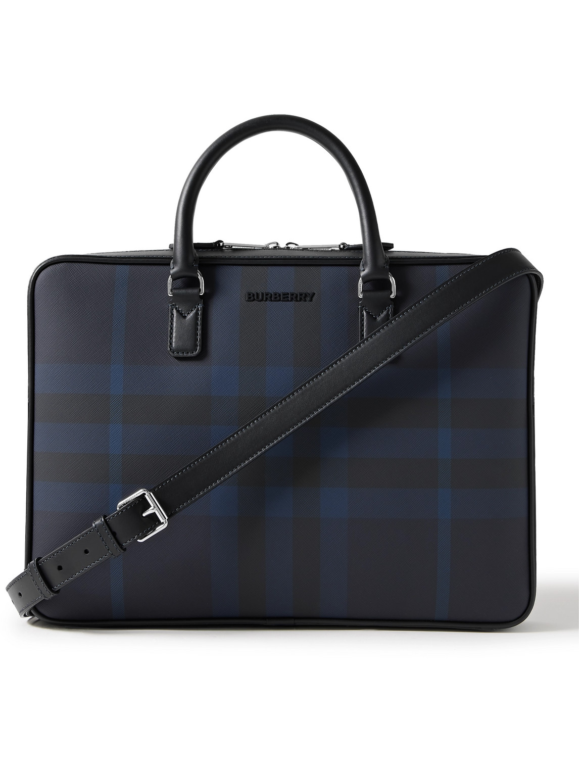 Leather-Trimmed Checked Coated-Canvas Briefcase