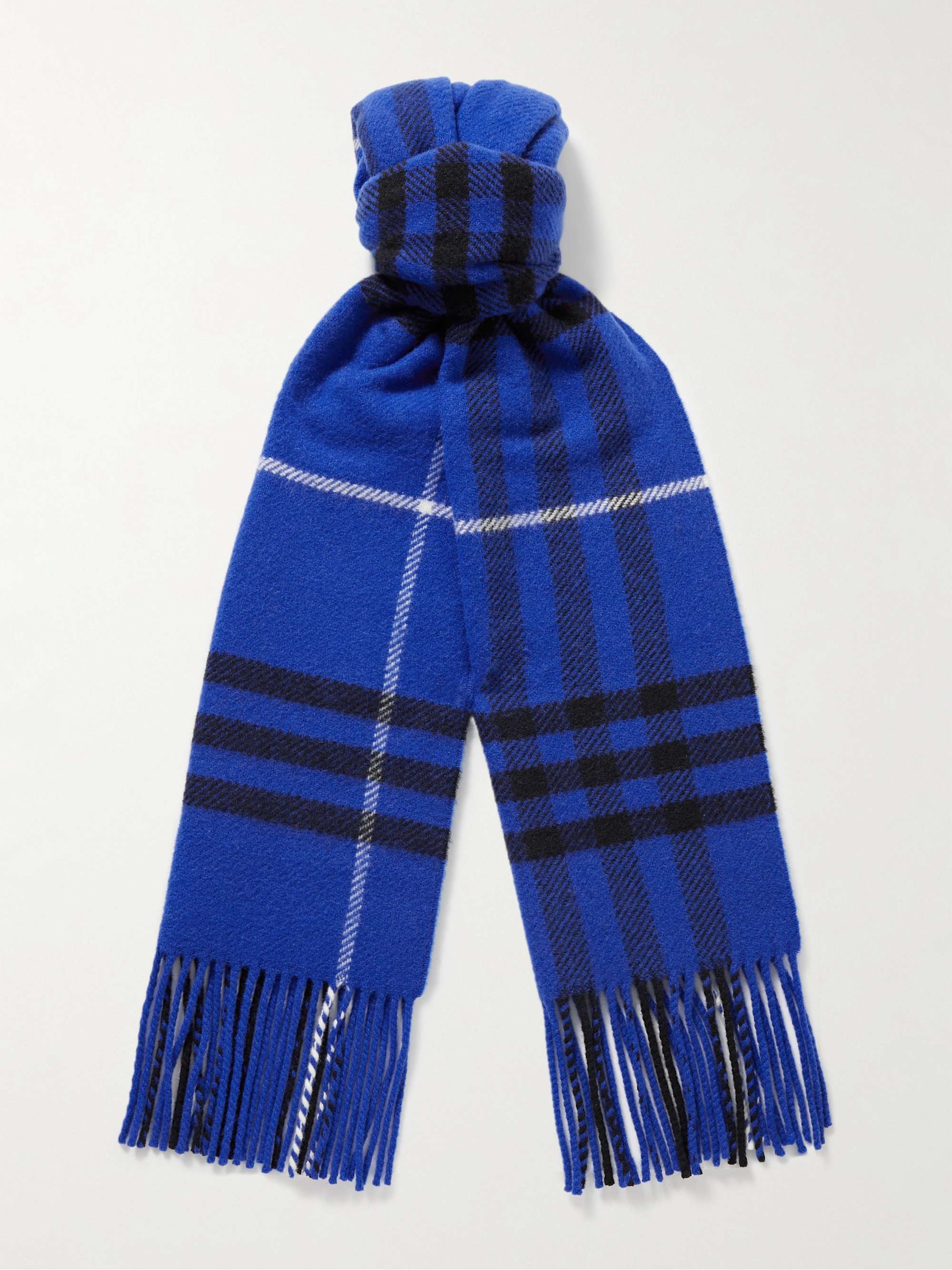BURBERRY Fringed Checked Wool and Cashmere-Blend Scarf,Blue
