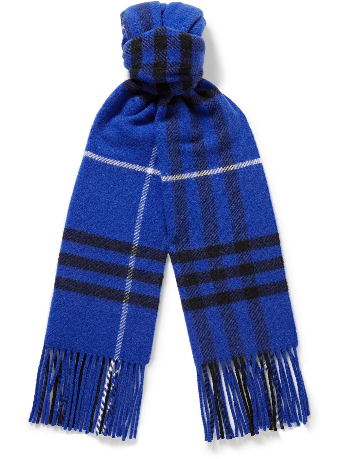 Shop Burberry Fringed Checked Wool And Cashmere-blend Scarf In Blue