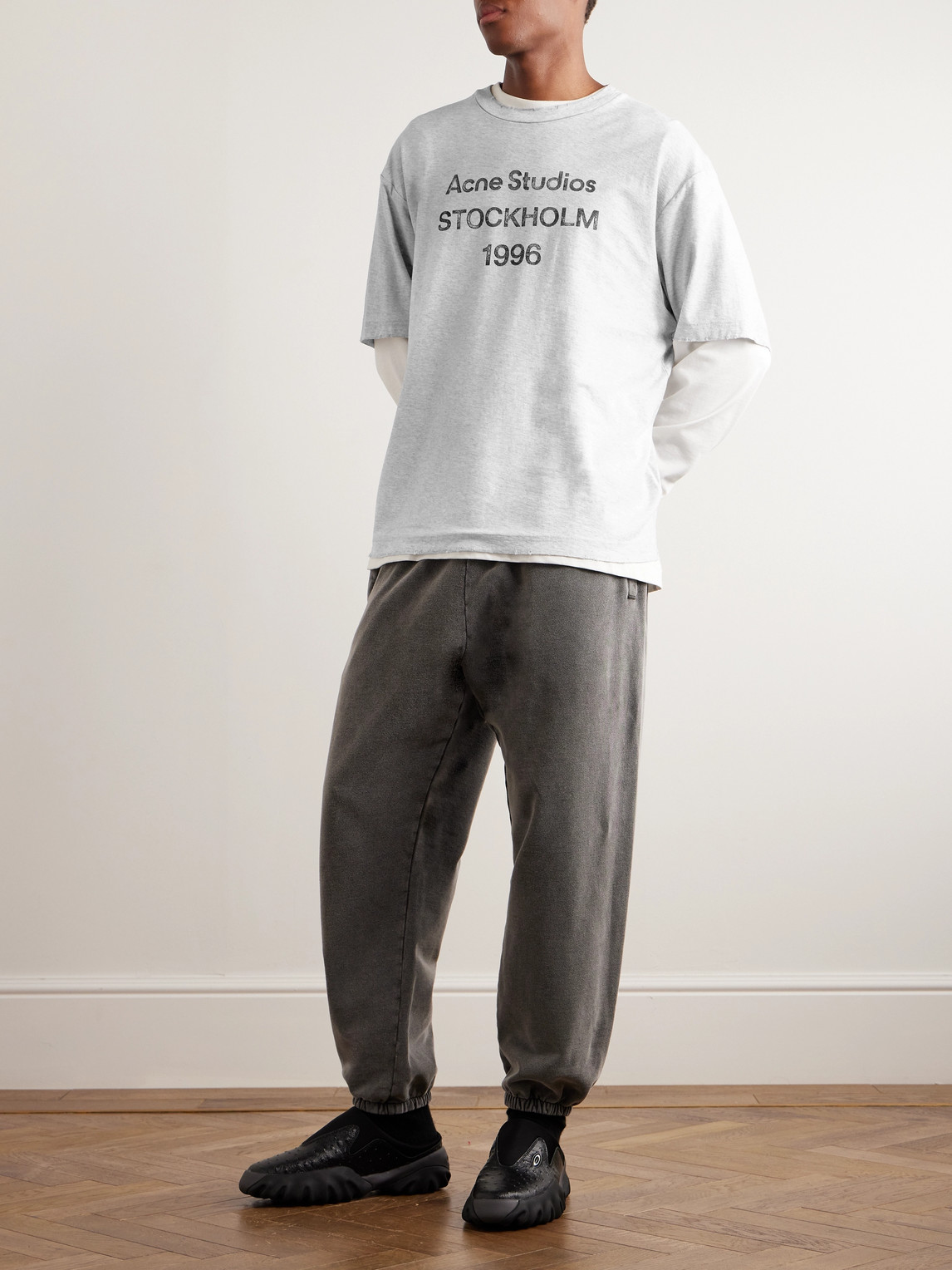 Acne Studios Exford Distressed Logo-print Organic Cotton-jersey T-shirt In Gray