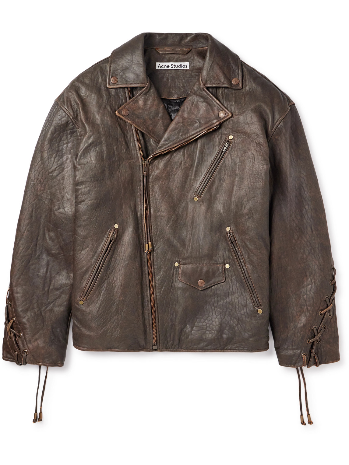 Shop Acne Studios Braid-trimmed Textured-leather Biker Jacket In Brown