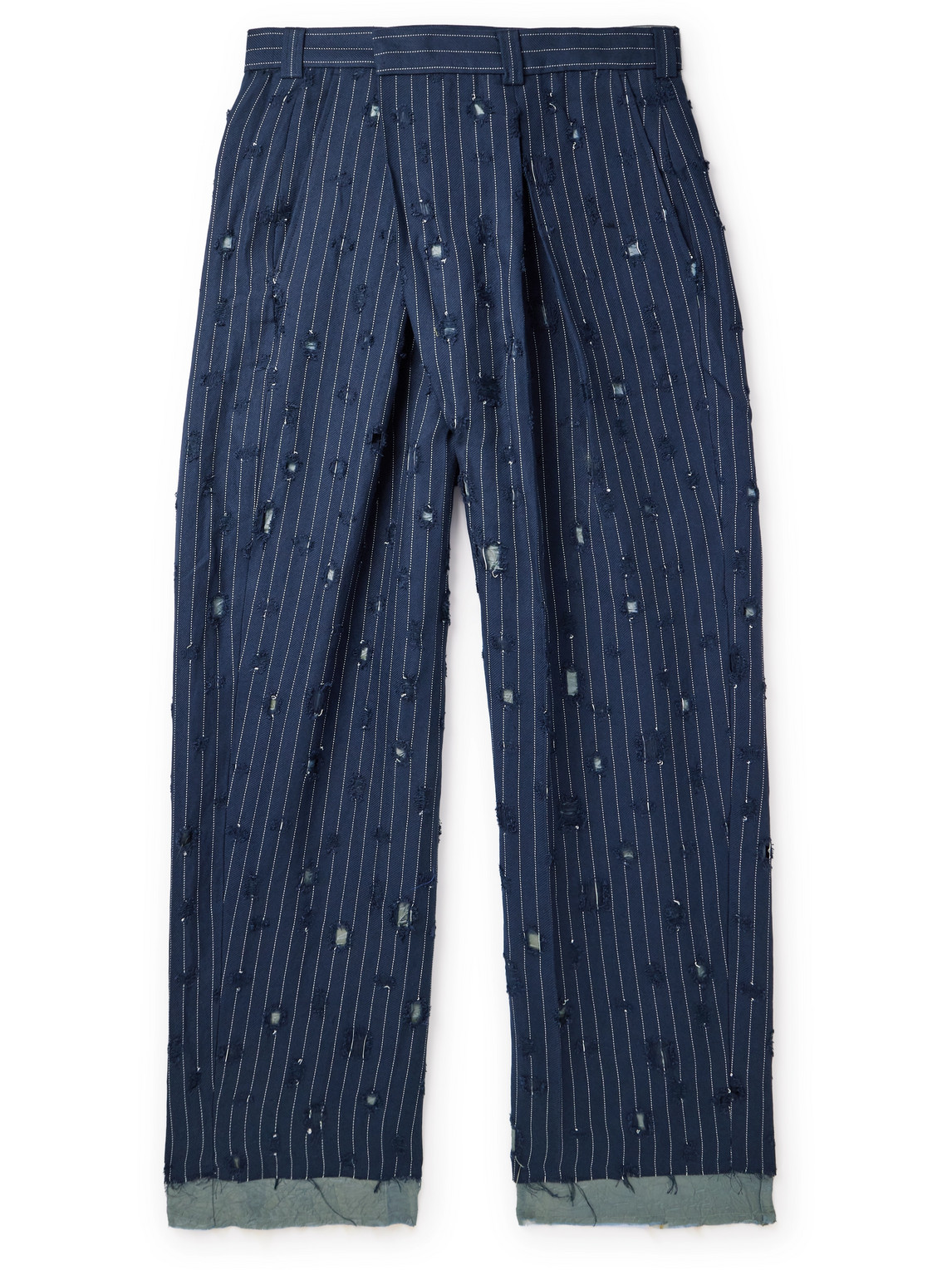 Straight-Leg Distressed Pinstriped Woven Trousers