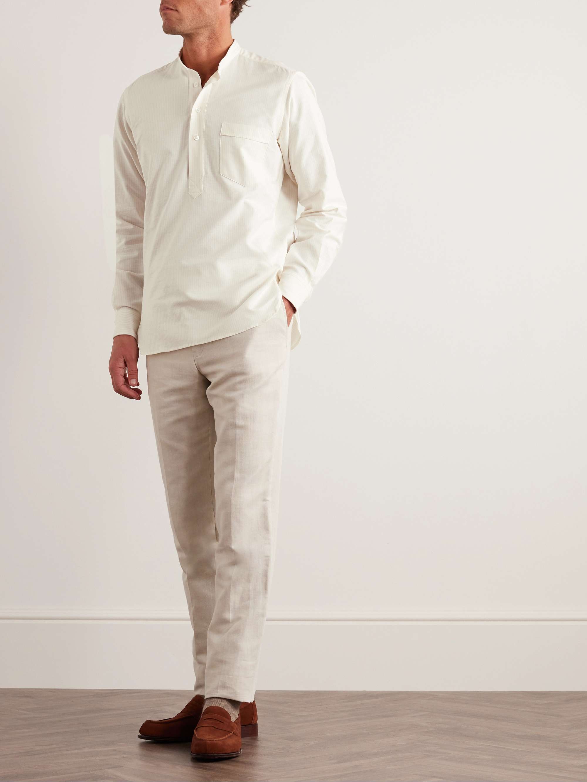 KINGSMAN Grandad-Collar Striped Cotton Shirt