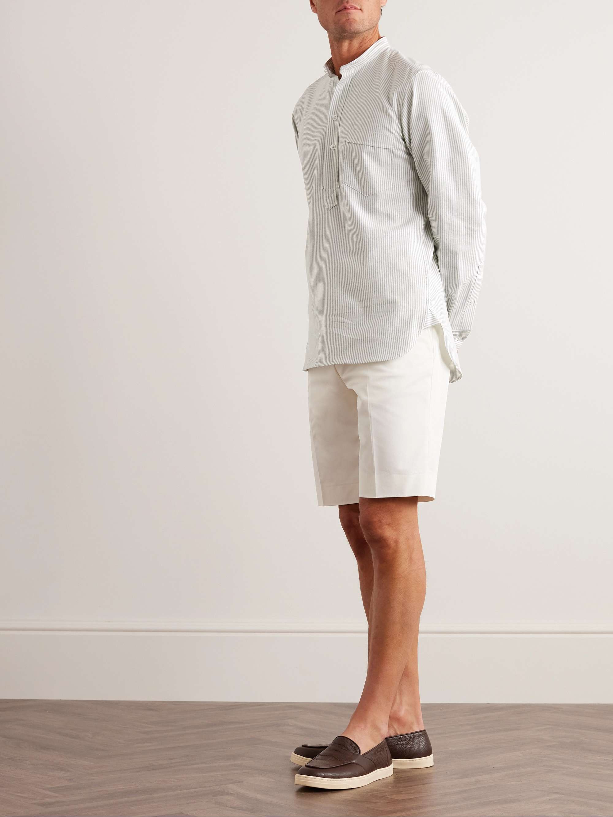 KINGSMAN Grandad-Collar Striped Cotton-Poplin Shirt