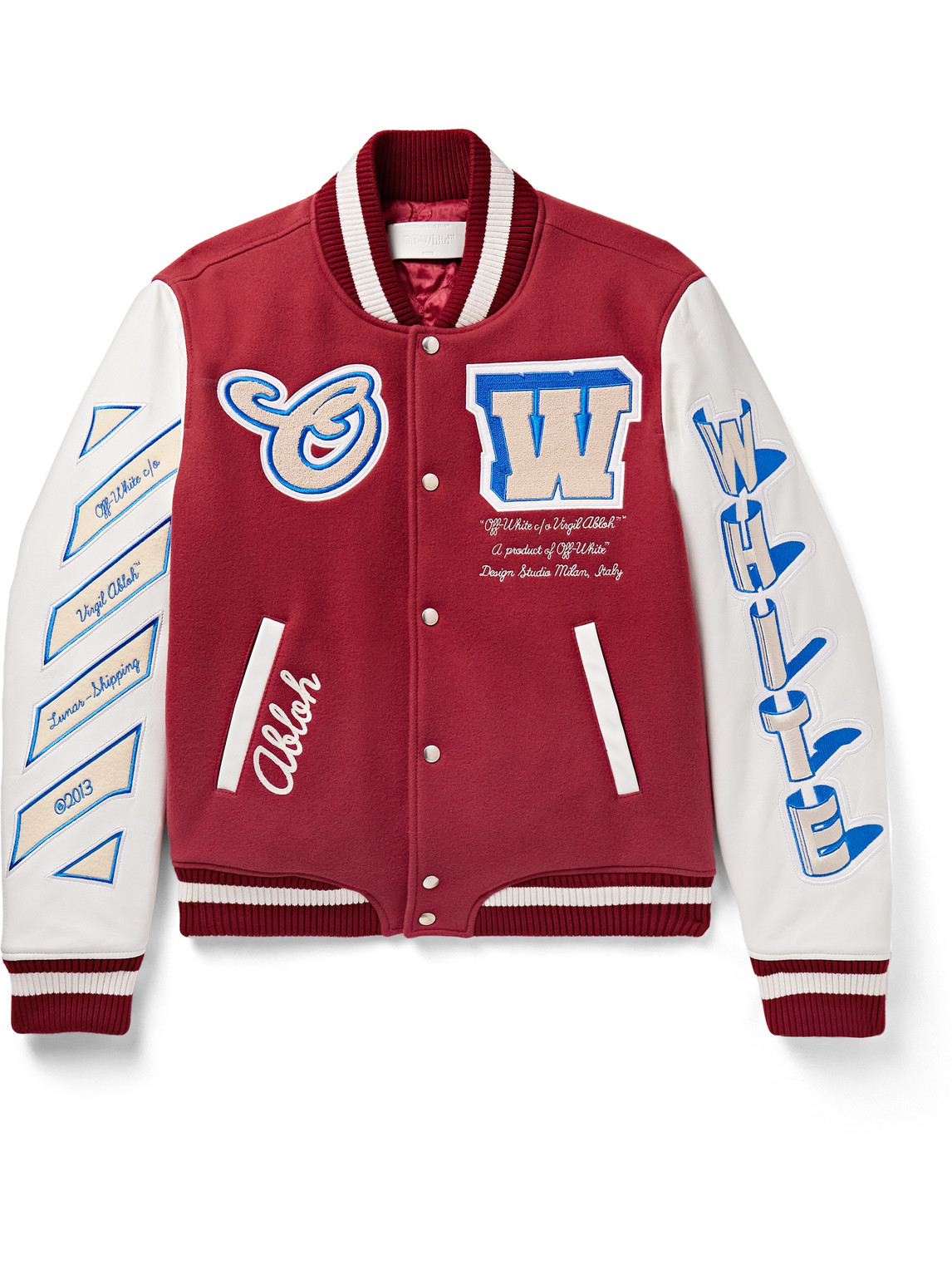 Shop Off-white Appliquéd Wool-blend Felt And Leather Varsity Bomber Jacket In Red