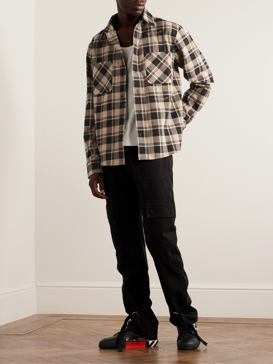 Shop Off-white Logo-embroidered Checked Cotton-flannel Shirt In Neutrals