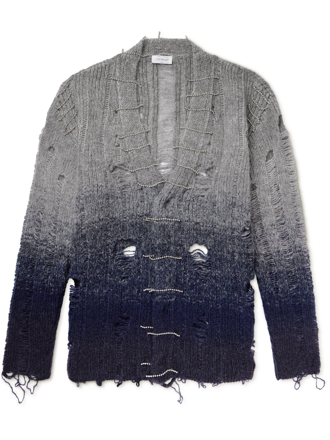 Off-white Distressed Effect Wool Cardigan With Beads Detail In Gray
