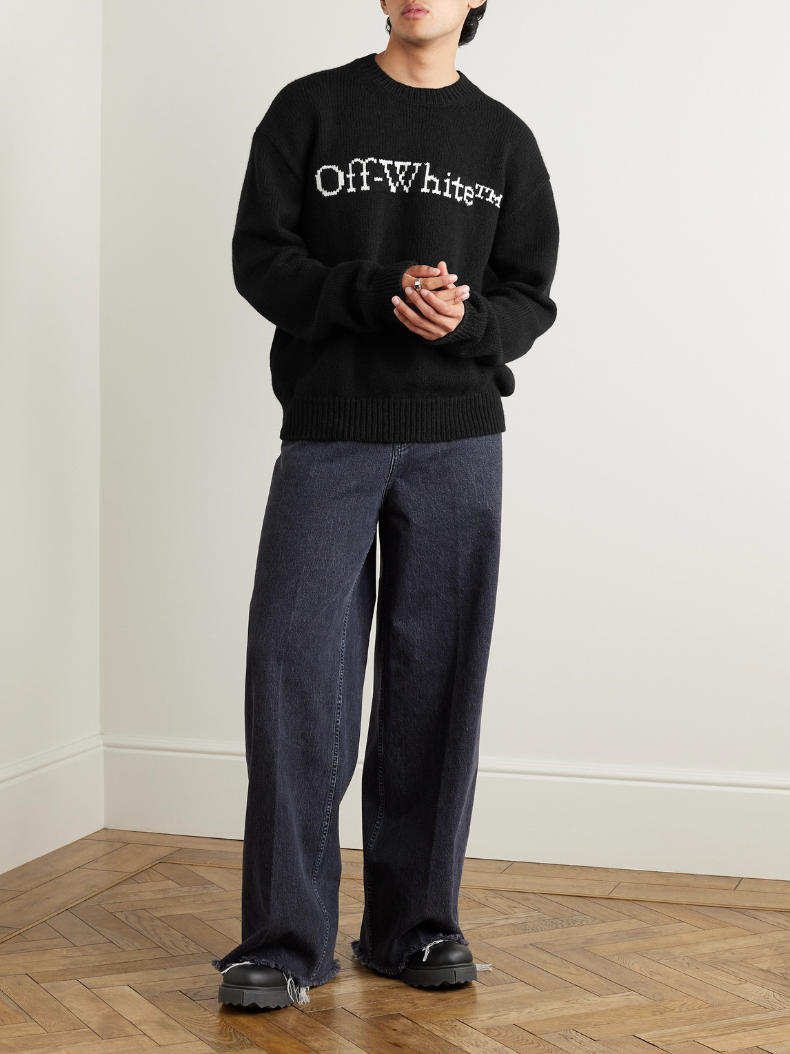 Shop Off-white Big Bookish Logo-jacquard Wool-blend Sweater In Black