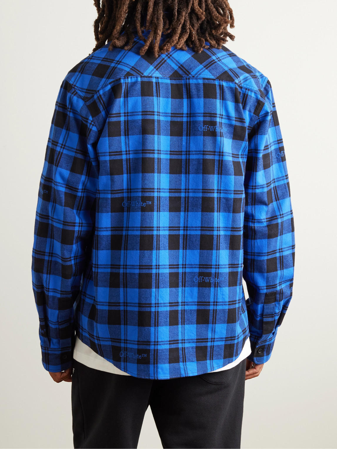 Shop Off-white Logo-embroidered Checked Cotton-flannel Shirt In Blue