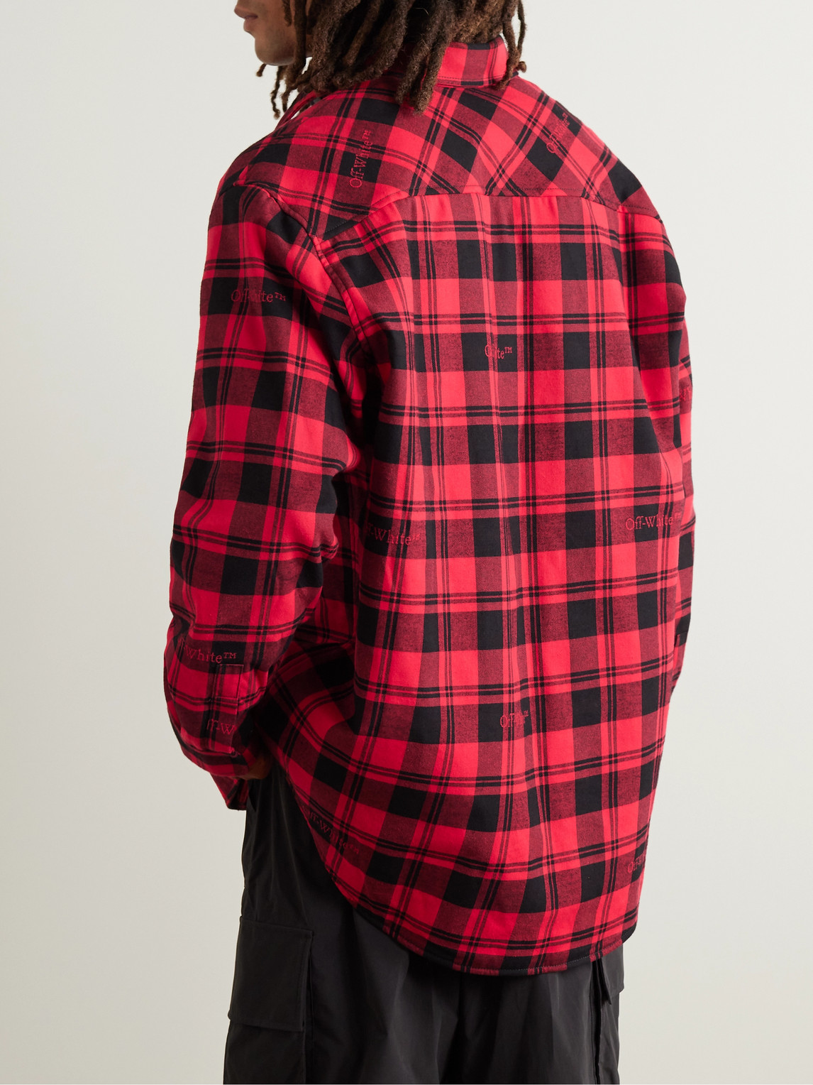 Shop Off-white Logo-embroidered Padded Checked Cotton-flannel Overshirt In Red