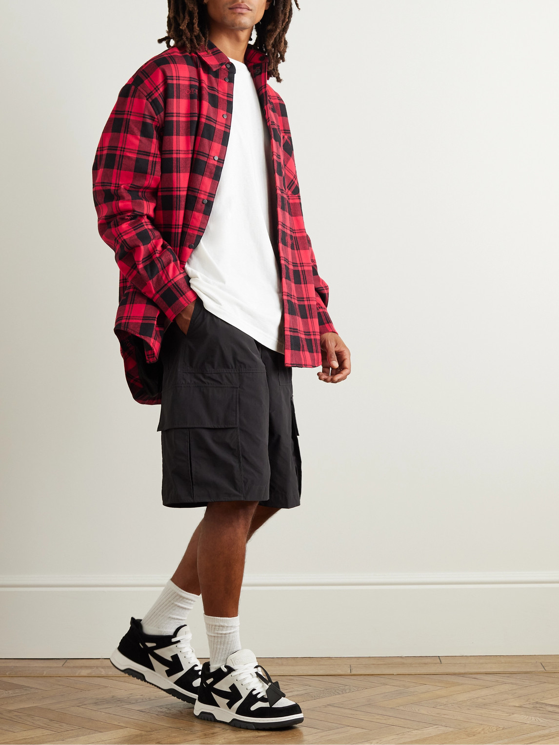 Shop Off-white Logo-embroidered Padded Checked Cotton-flannel Overshirt In Red