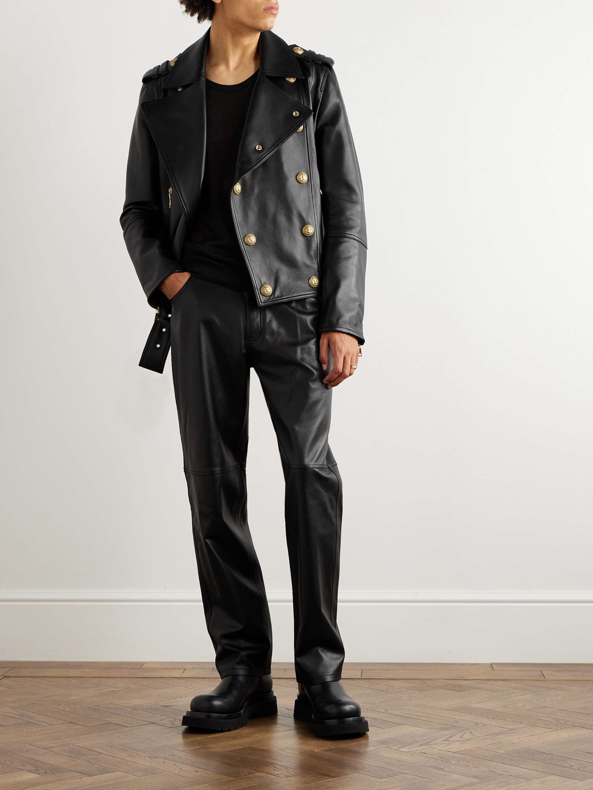 BALMAIN Straight-Leg Leather Trousers for Men | MR PORTER