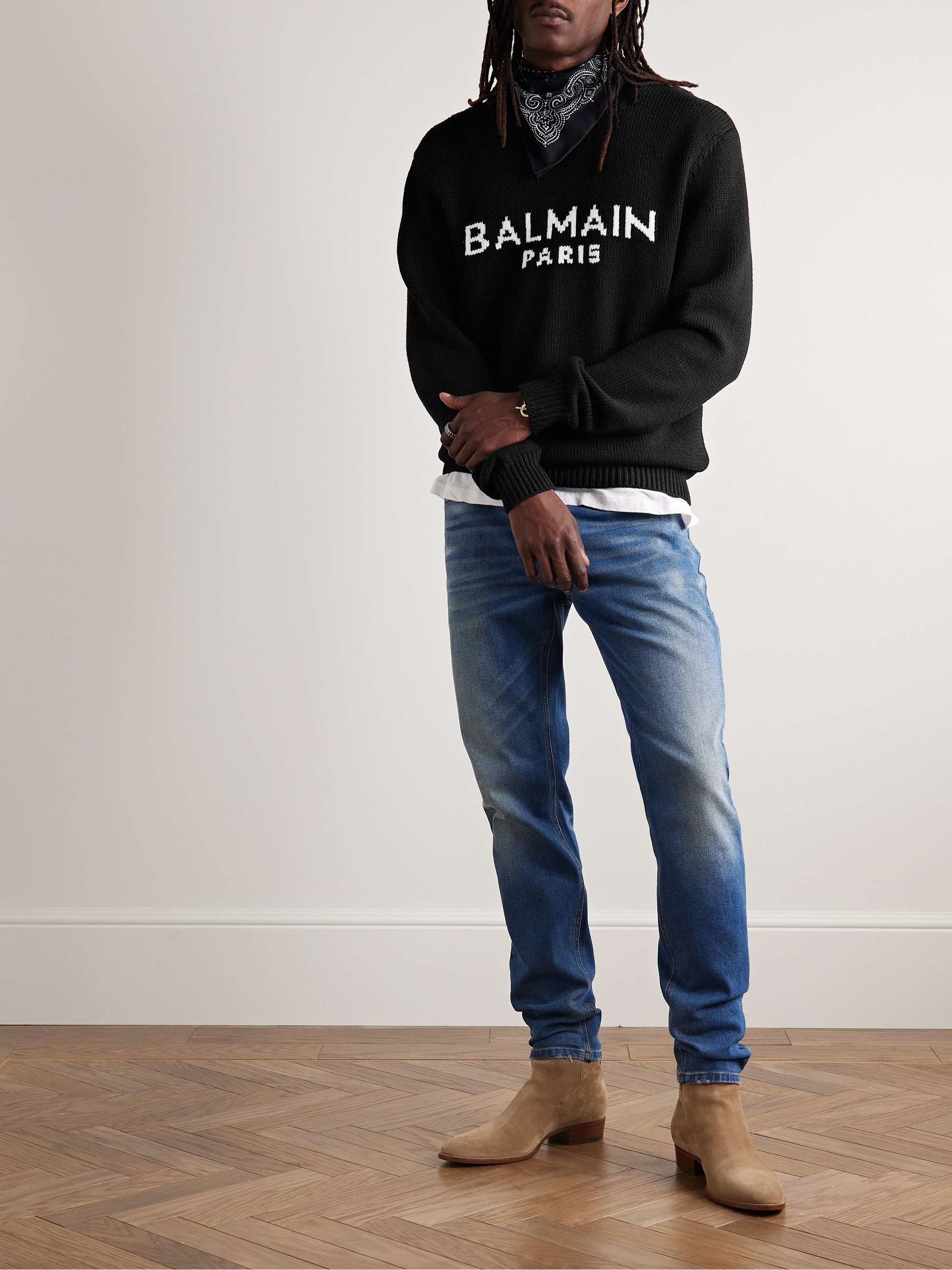 BALMAIN Logo-Jacquard Wool-Blend Sweater for Men | MR PORTER