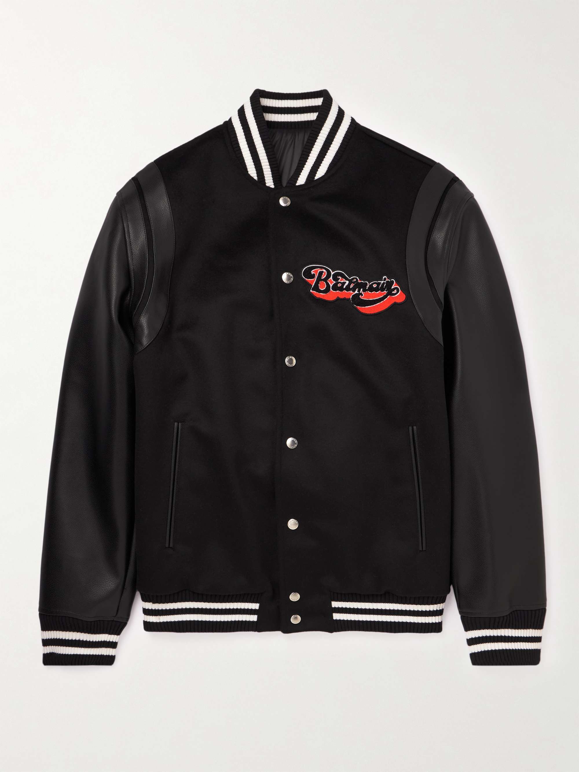 BALMAIN Logo-Appliquéd Virgin Wool and Leather Varsity Jacket for Men ...