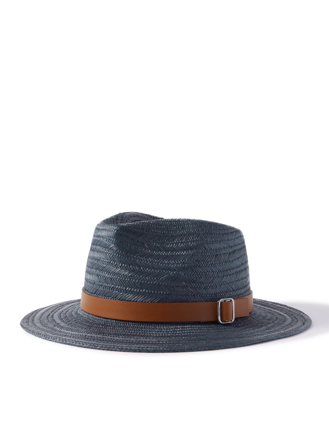 Loro Piana Avea Leather-trimmed Straw Panama Hat In Blue