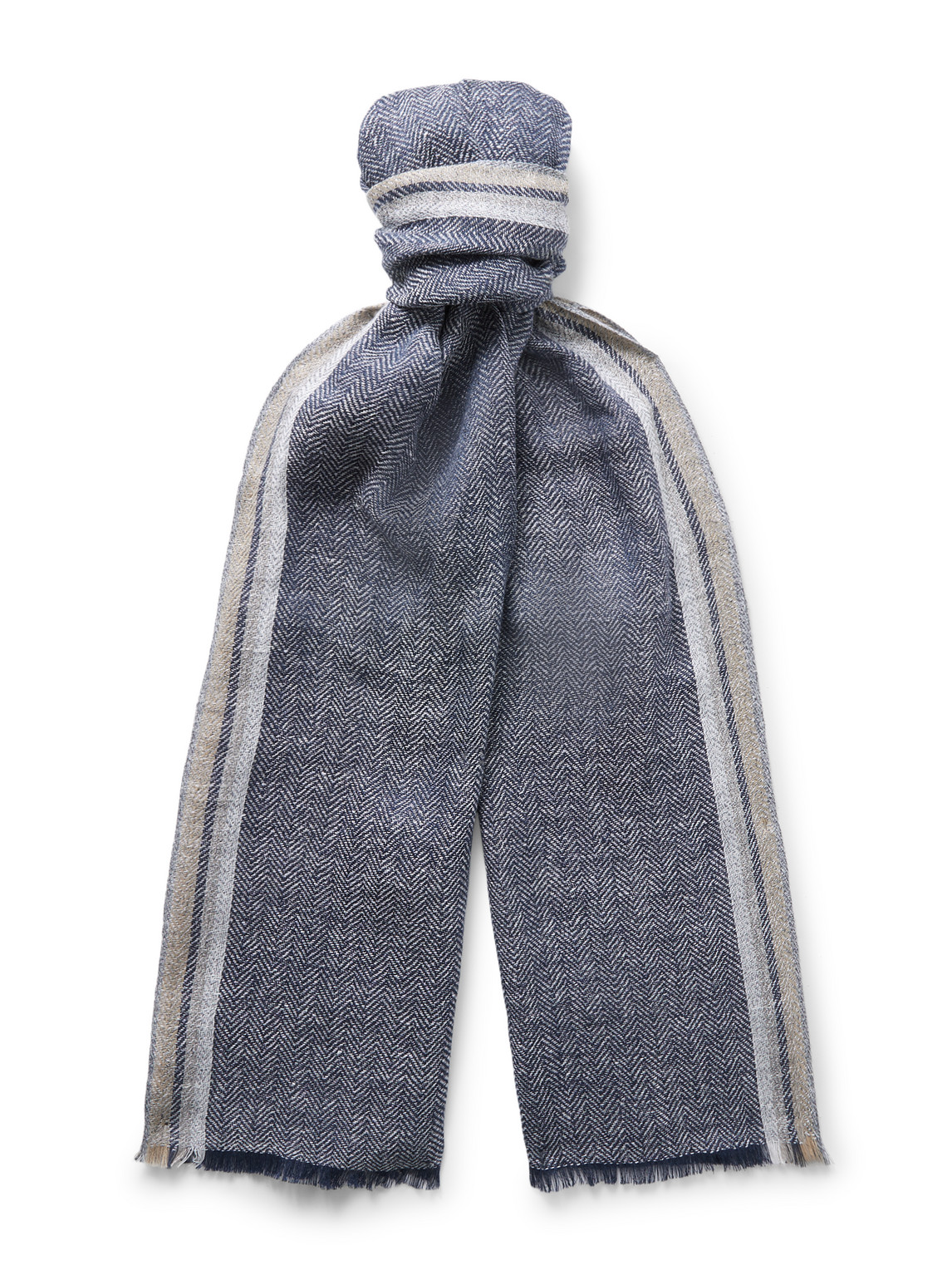 Avaiki Fringed Striped Herringbone Linen and Cotton-Blend Scarf