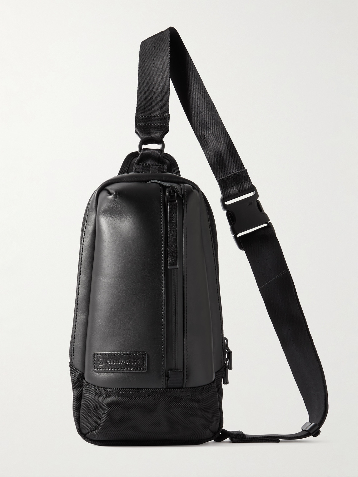 Master-piece Slick Logo-appliquéd Leather And Cordura® Barastec Nylon Sling Backpack In Black