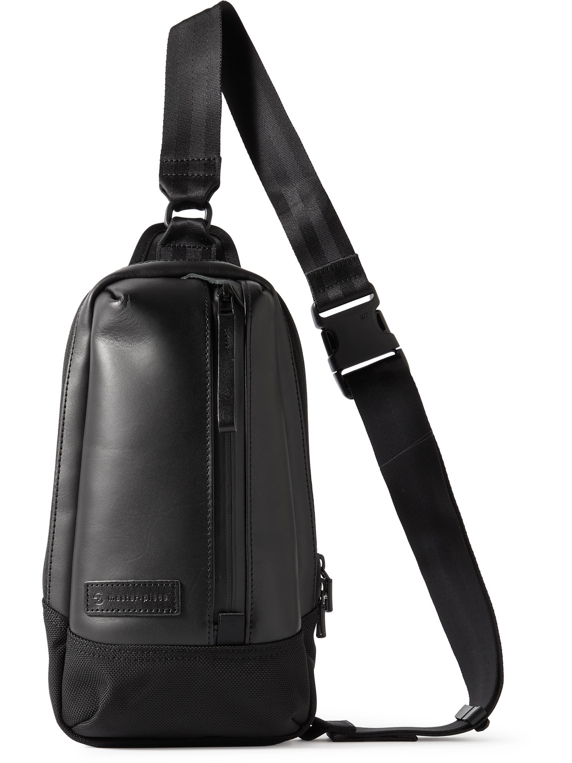 Shop Master-piece Slick Logo-appliquéd Leather And Cordura® Barastec Nylon Sling Backpack In Black