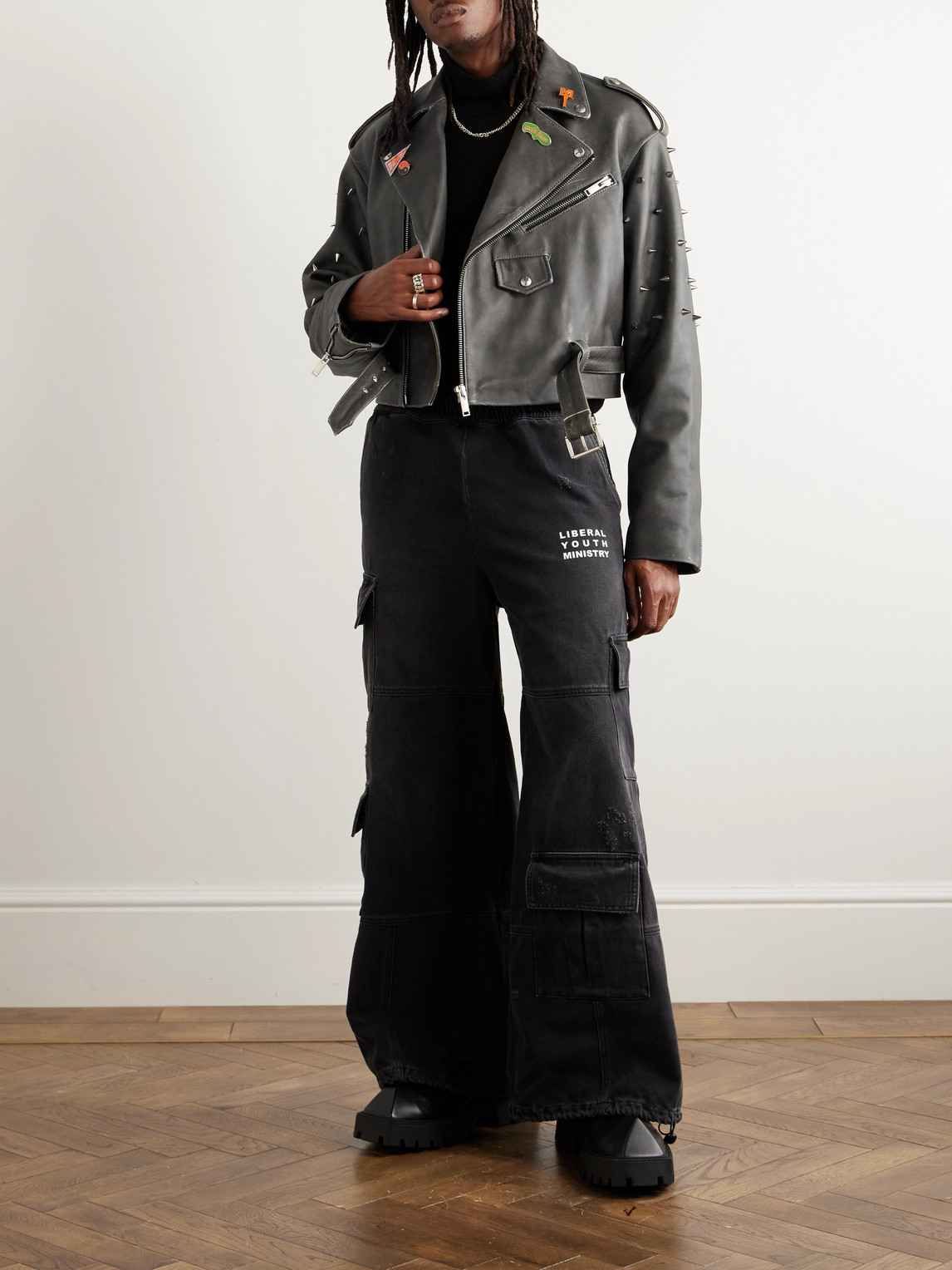 Liberal Youth Ministry Cropped Embellished Printed Leather Jacket