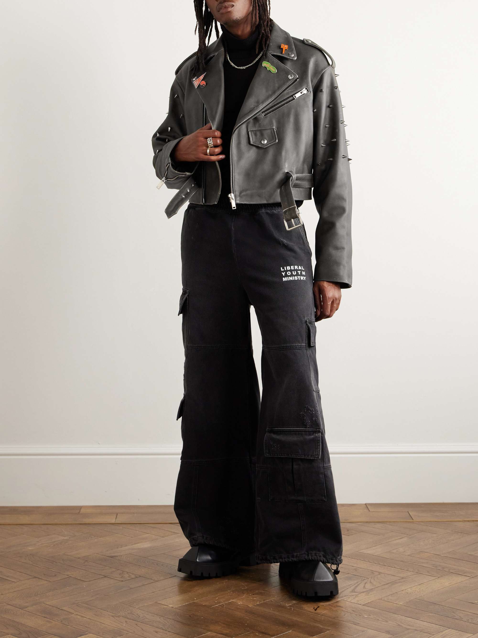 LIBERAL YOUTH MINISTRY Cropped Embellished Printed Leather Jacket for