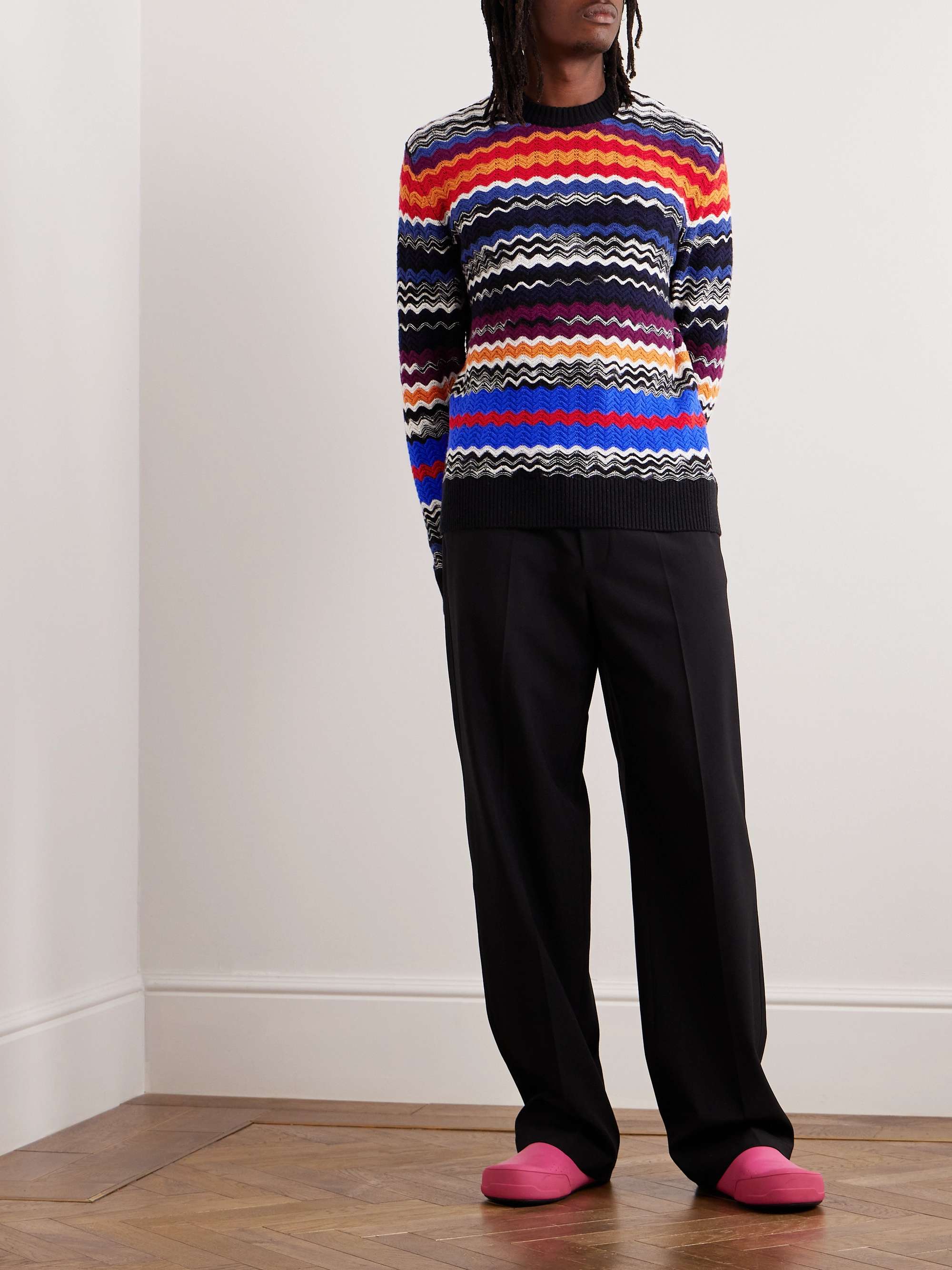 MISSONI Slim Fit Striped Crochet Knit Wool Blend Sweater for Men