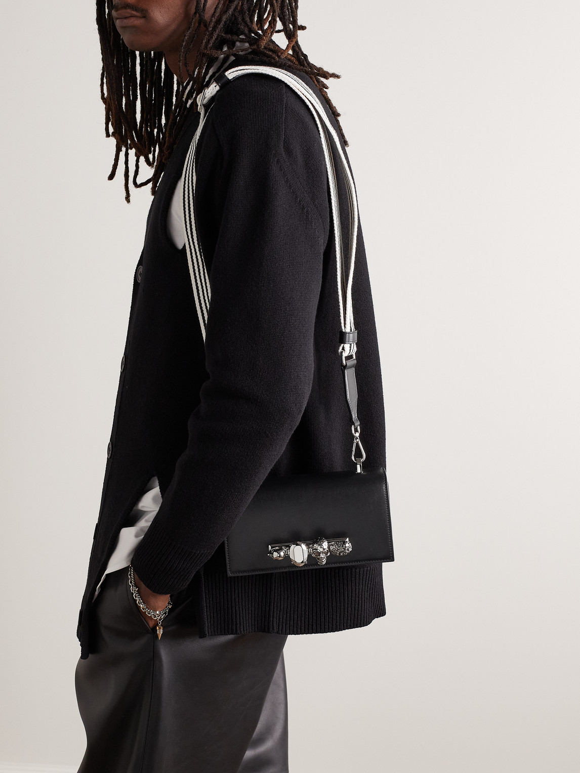 Shop Alexander Mcqueen The Knuckle Embellished Leather Messenger Bag In Black
