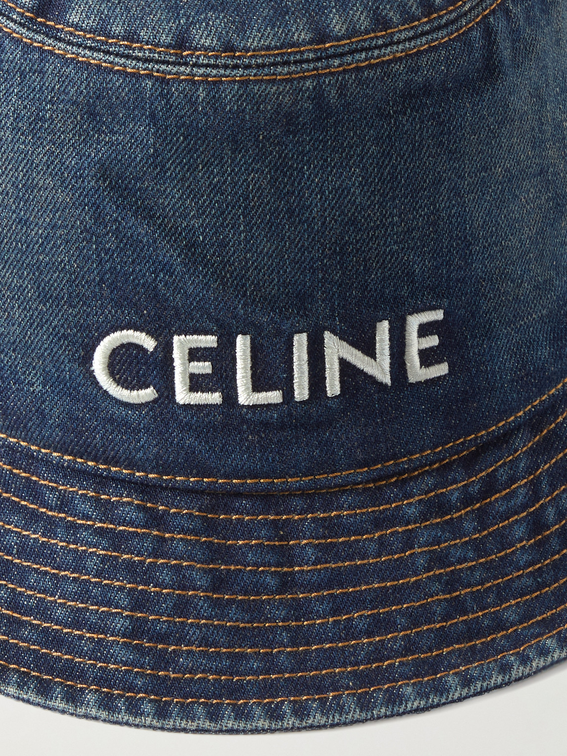 Celine Logo-embroidered Denim Bucket Hat In Blue