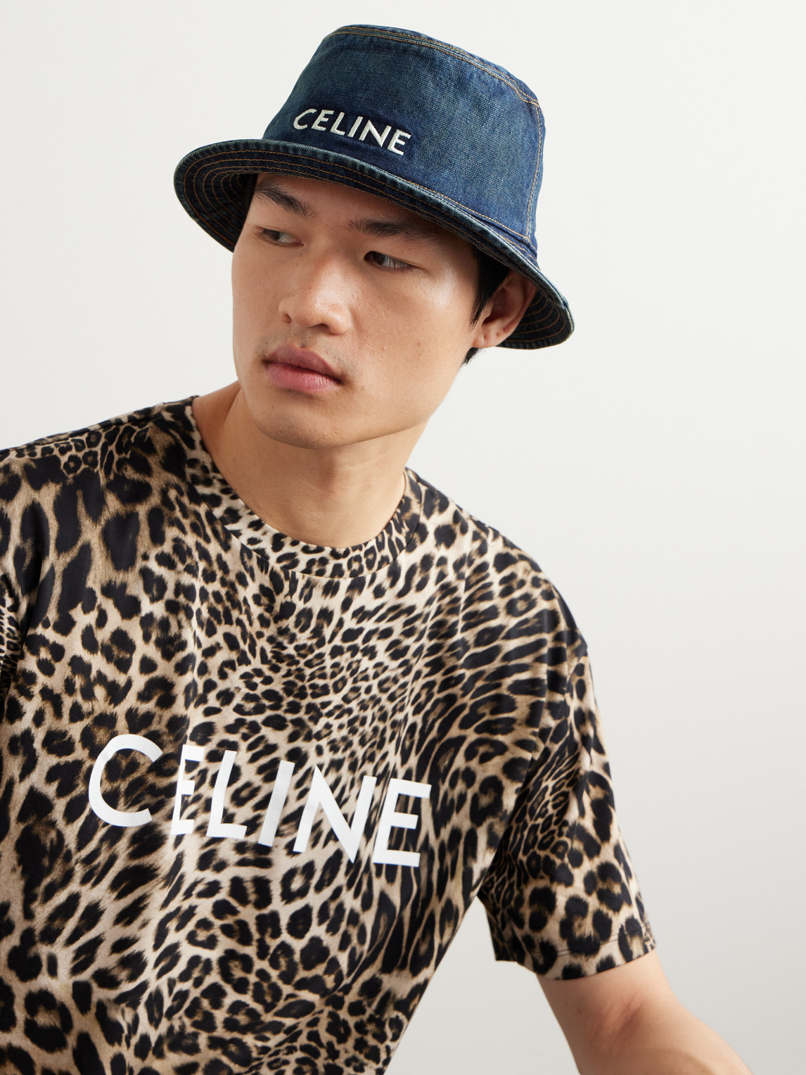 Celine Logo-embroidered Denim Bucket Hat In Blue