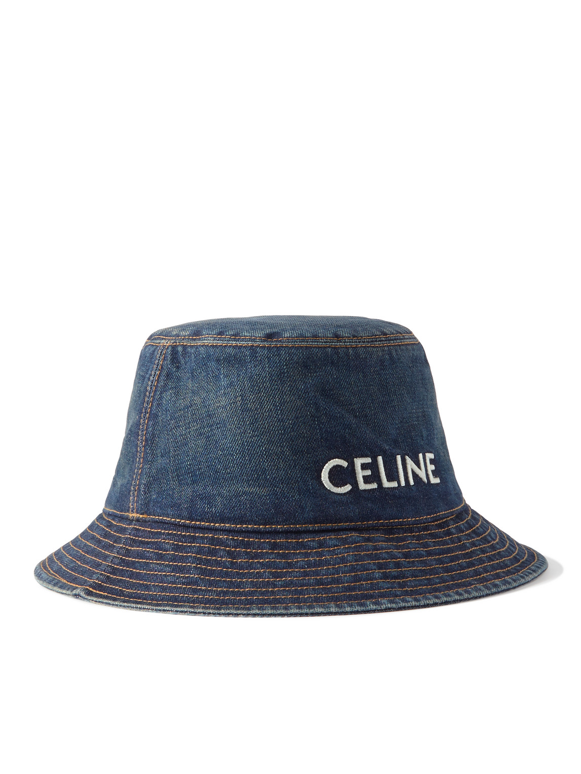 Celine Logo-embroidered Denim Bucket Hat In Blue
