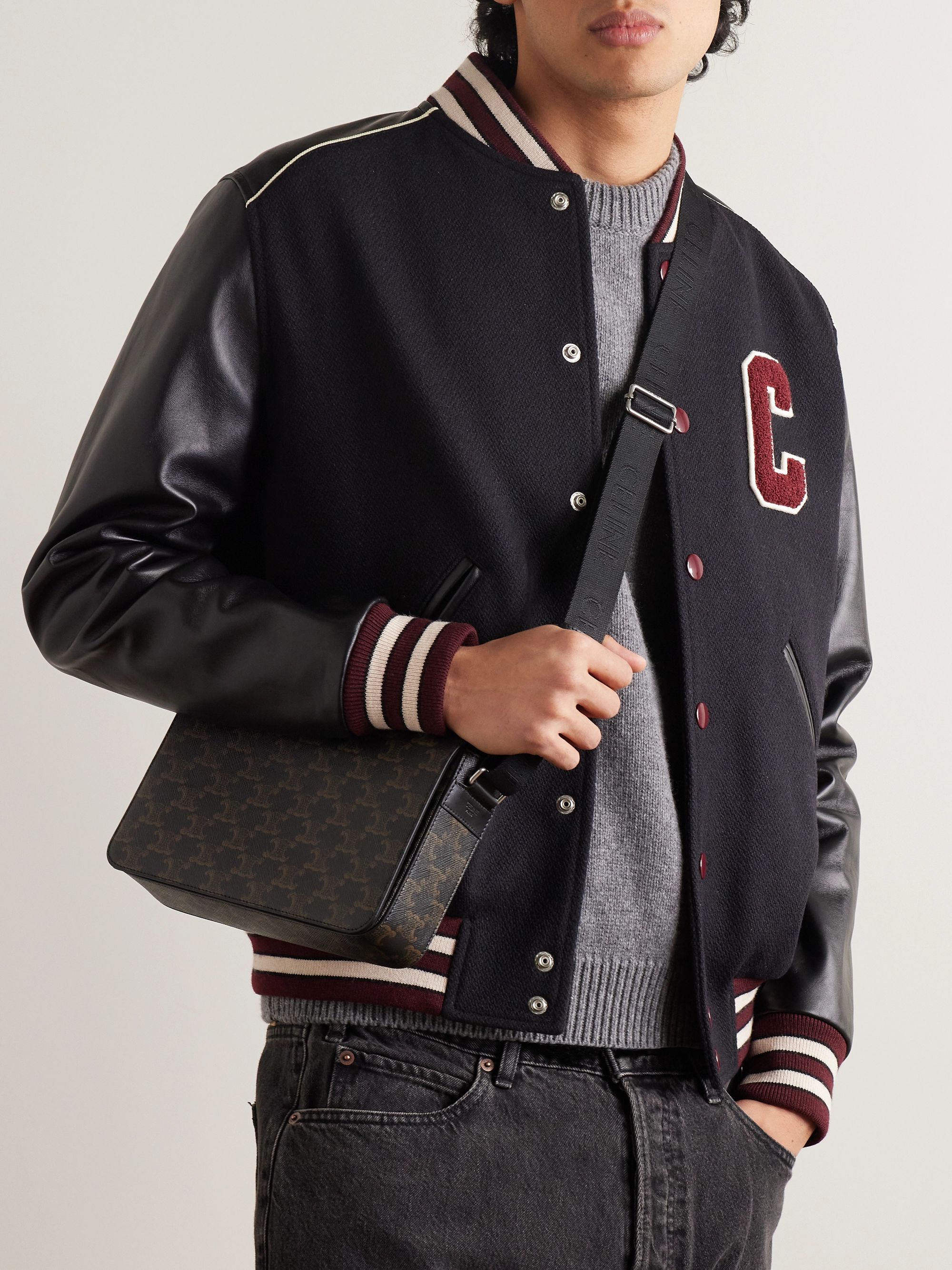 Triomphe Mini Leather-Trimmed Logo-Print Coated-Canvas Messenger Bag
