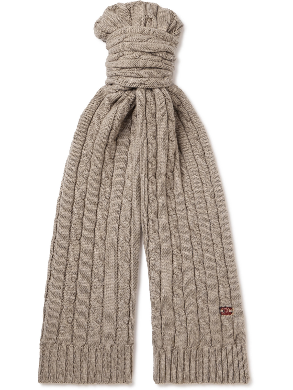 Celine Logo-embroidered Cable-knit Cashmere Scarf In Brown