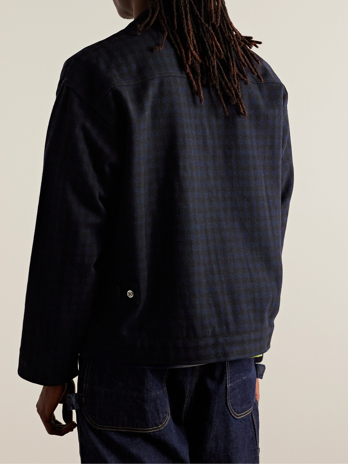 Shop Randy's Garments Cotton-corduroy Trimmed Checked Melton Wool Bomber Jacket In Blue
