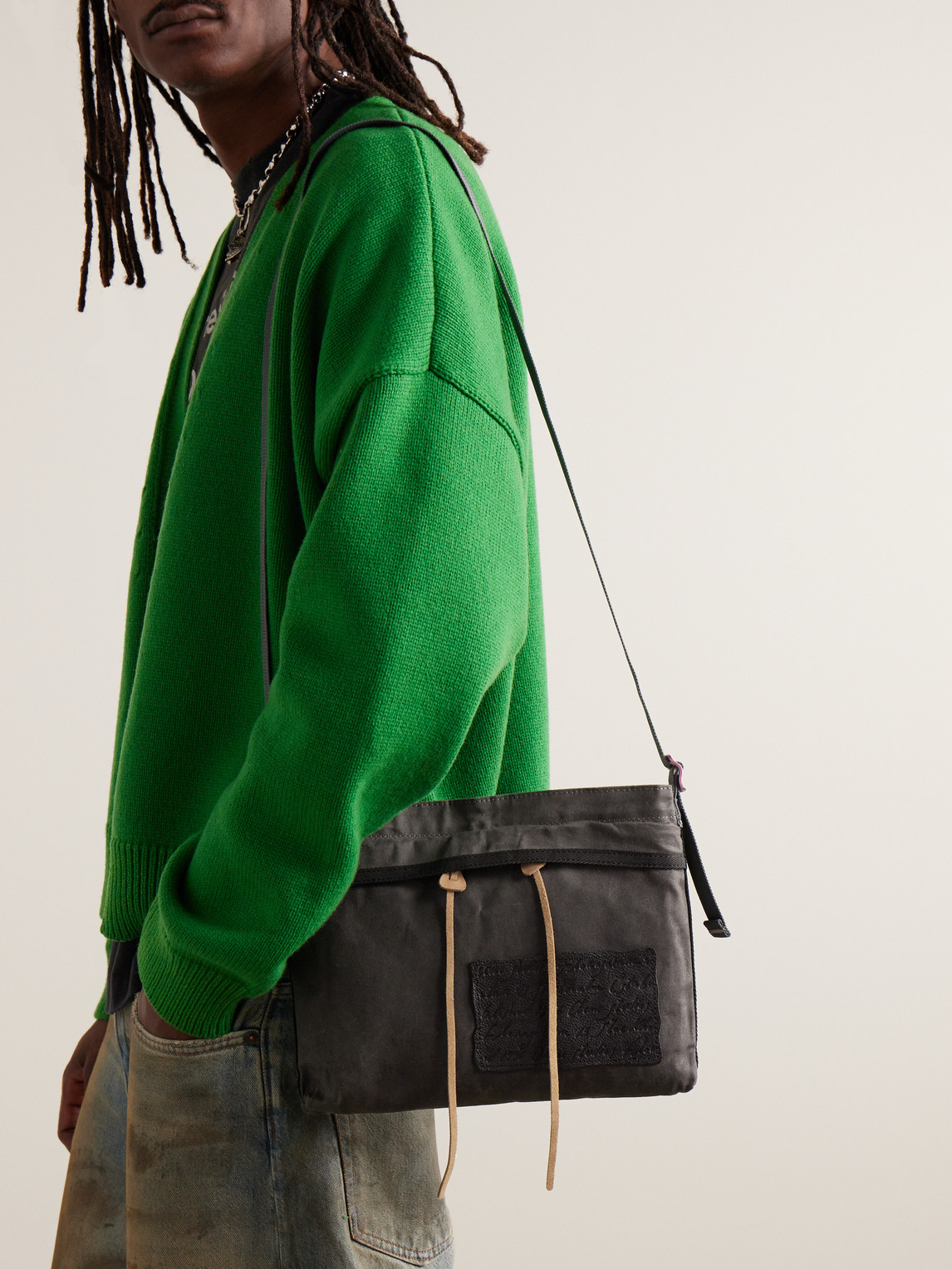 Shop Acne Studios Andemer Leather-trimmed Appliquéd Coated-canvas Messenger Bag In Gray