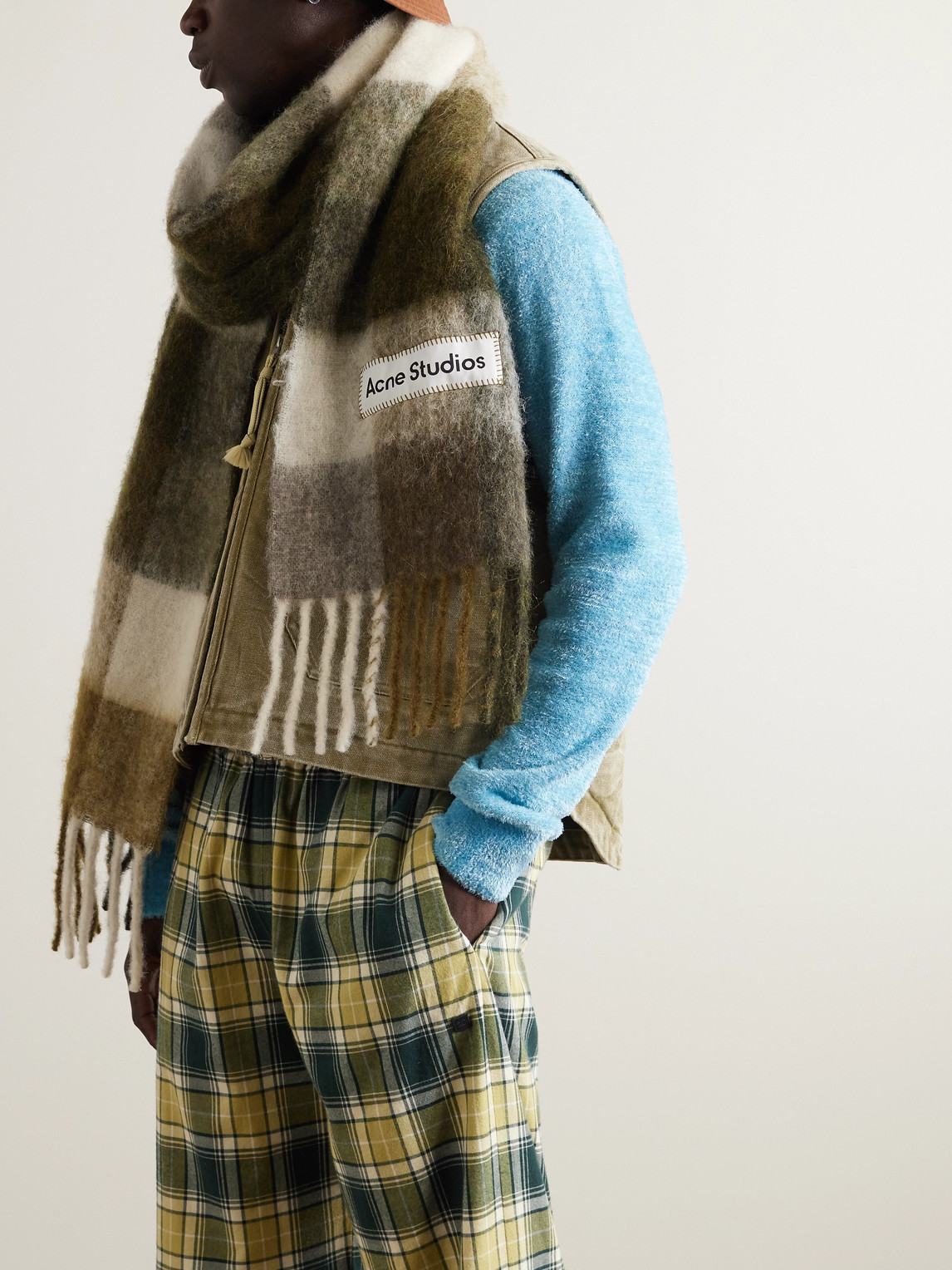 Shop Acne Studios Fringed Checked Knitted Scarf In Green
