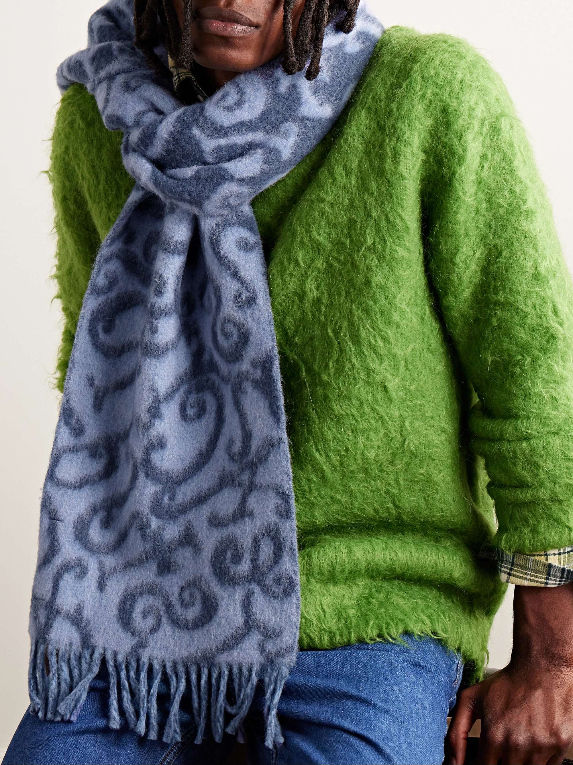 Fringed intarsia wool and cashmere-blend scarf