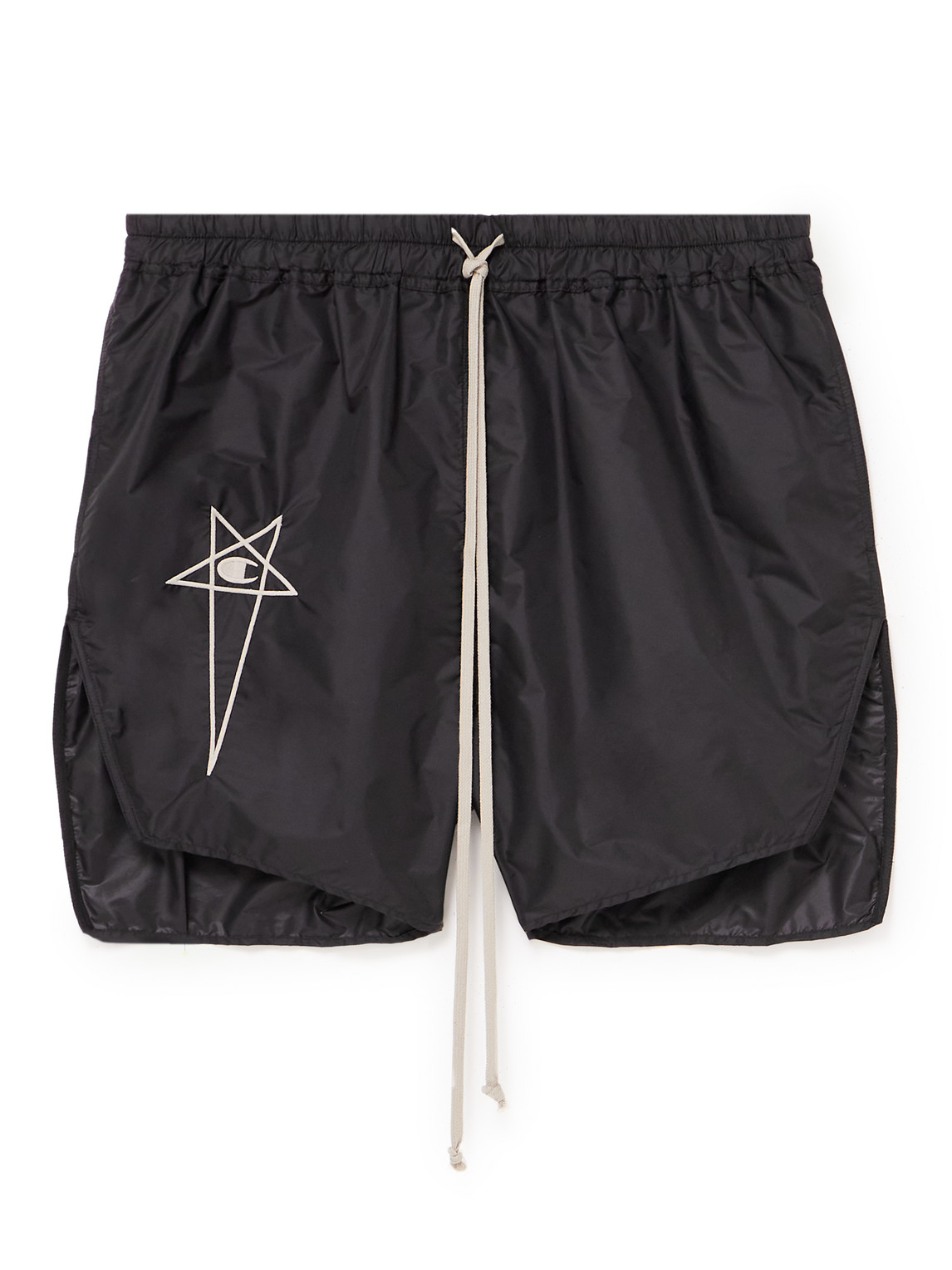 RICK OWENS CHAMPION DOLPHIN STRAIGHT-LEG EMBROIDERED RECYCLED-SHELL SHORTS