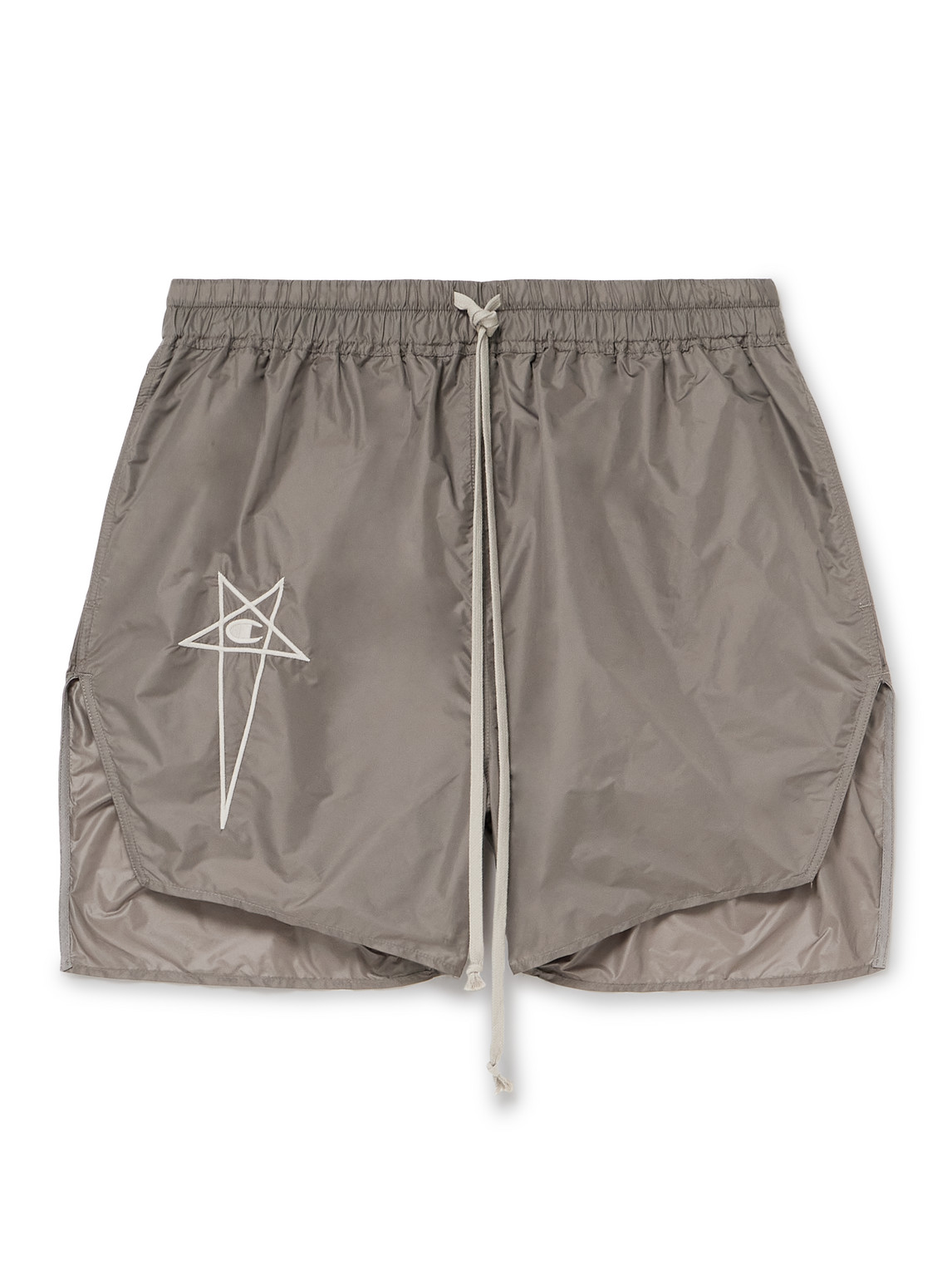 Rick Owens Champion Dolphin Straight-leg Embroidered Recycled-shell Shorts In Grey