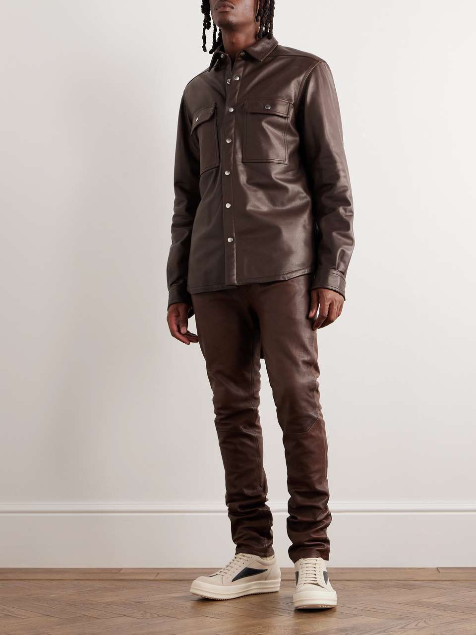 RICK OWENS Webbing-Trimmed Padded Full-Grain Leather Overshirt for Men ...