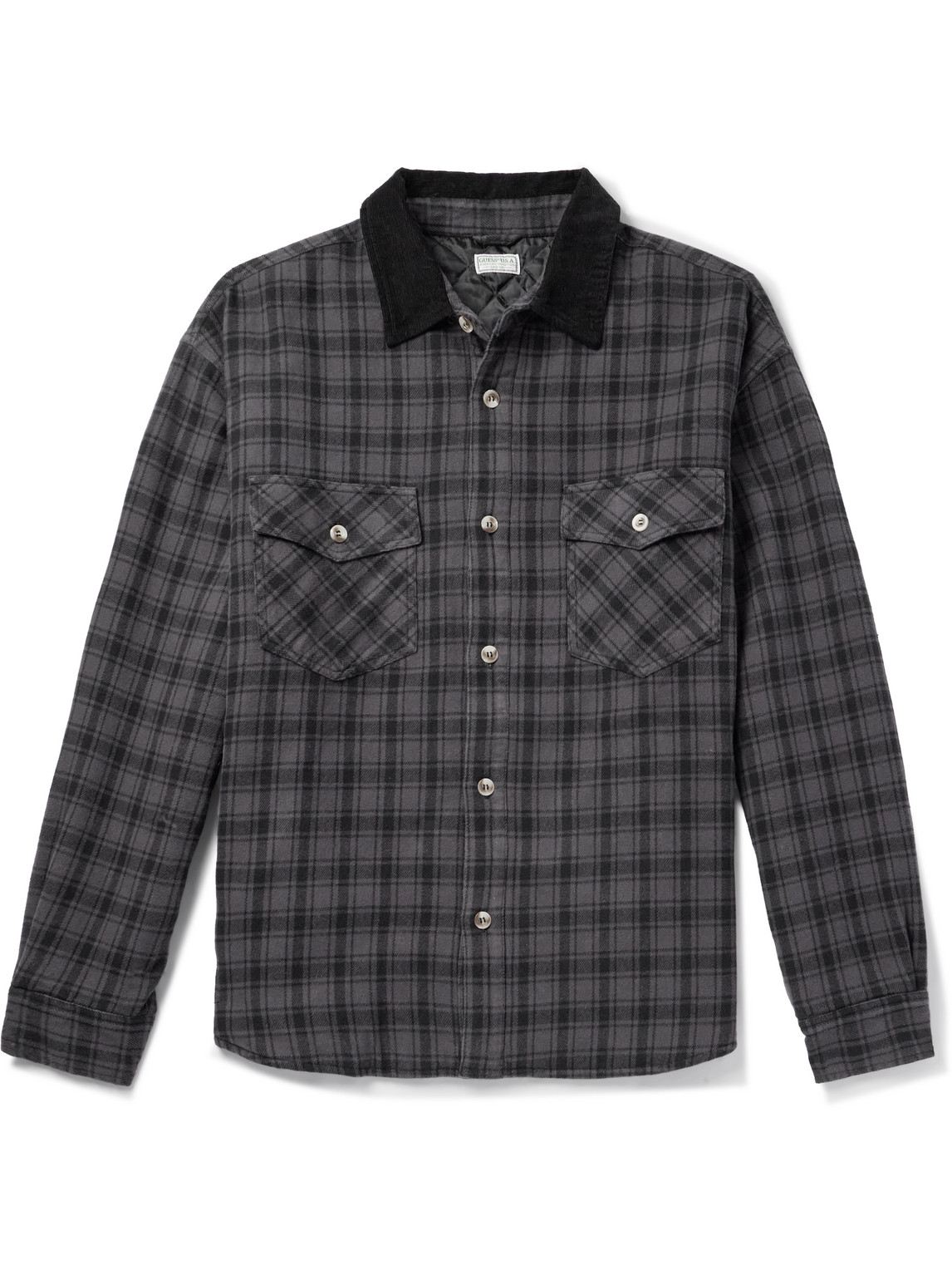 Guess USA Corduroy-Trimmed Checked Cotton-Flannel Shirt