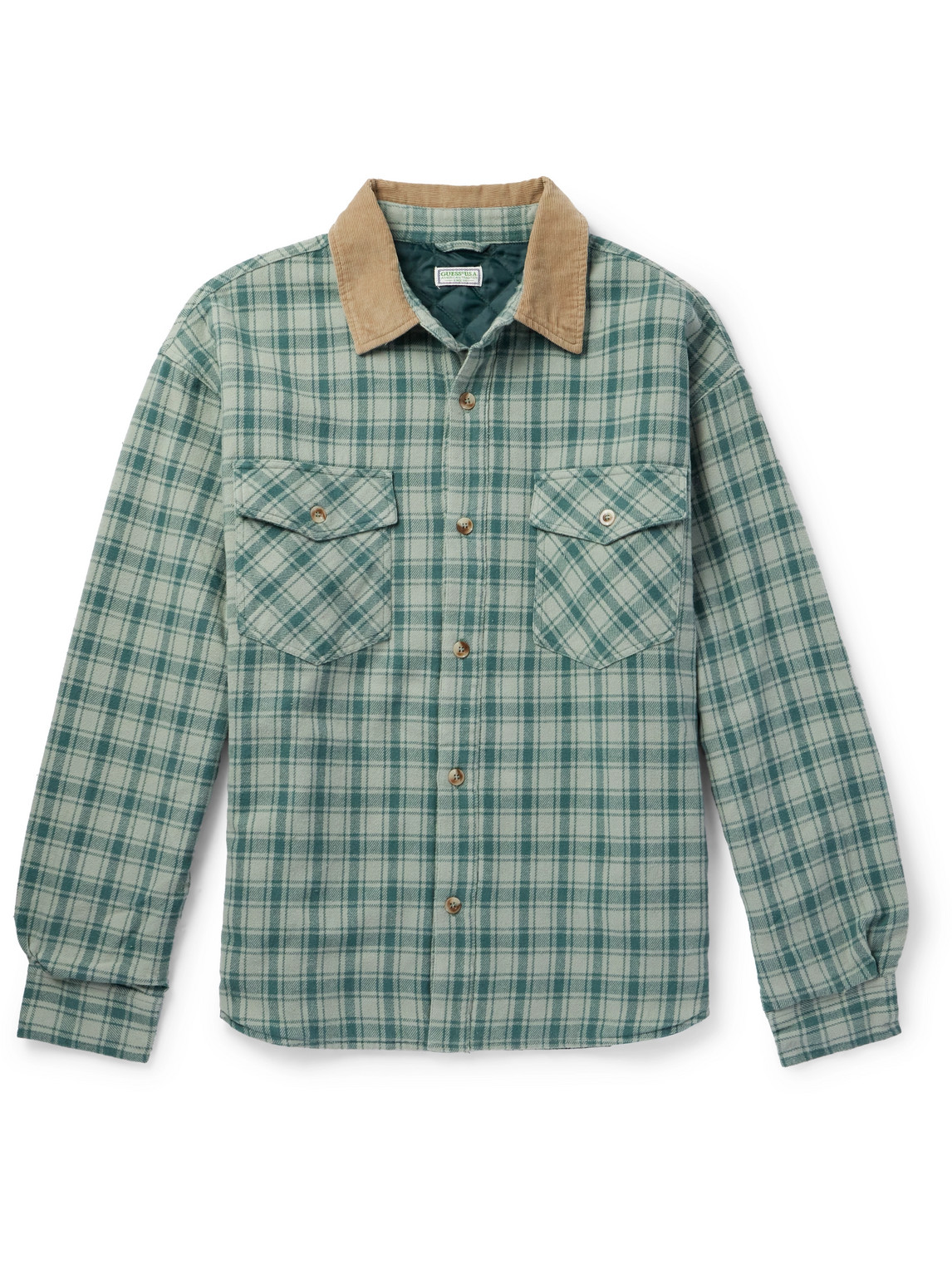 GUESS USA CORDUROY-TRIMMED CHECKED COTTON-FLANNEL SHIRT