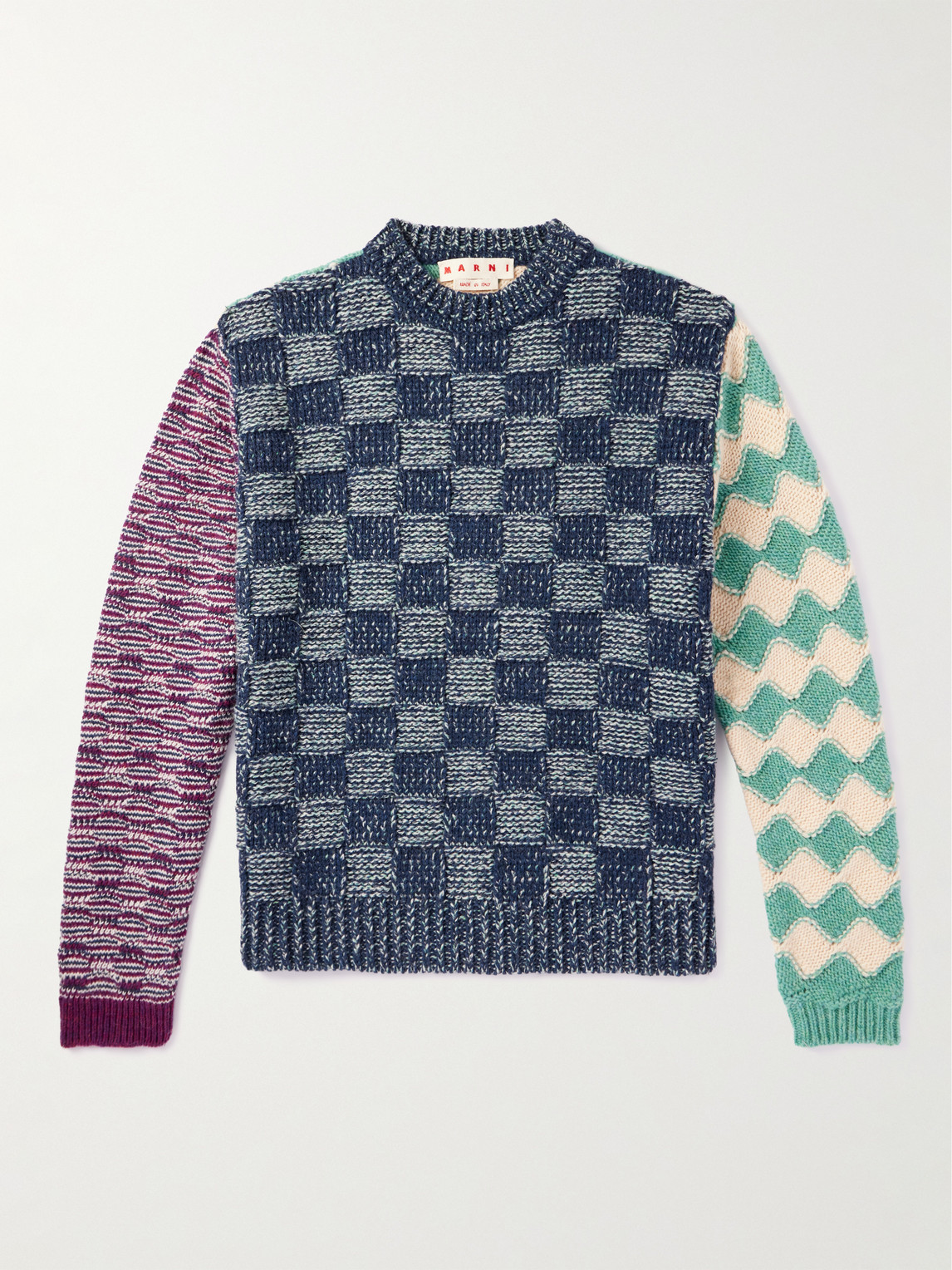 Marni Checked Patchwork Virgin Wool Jumper In Blue
