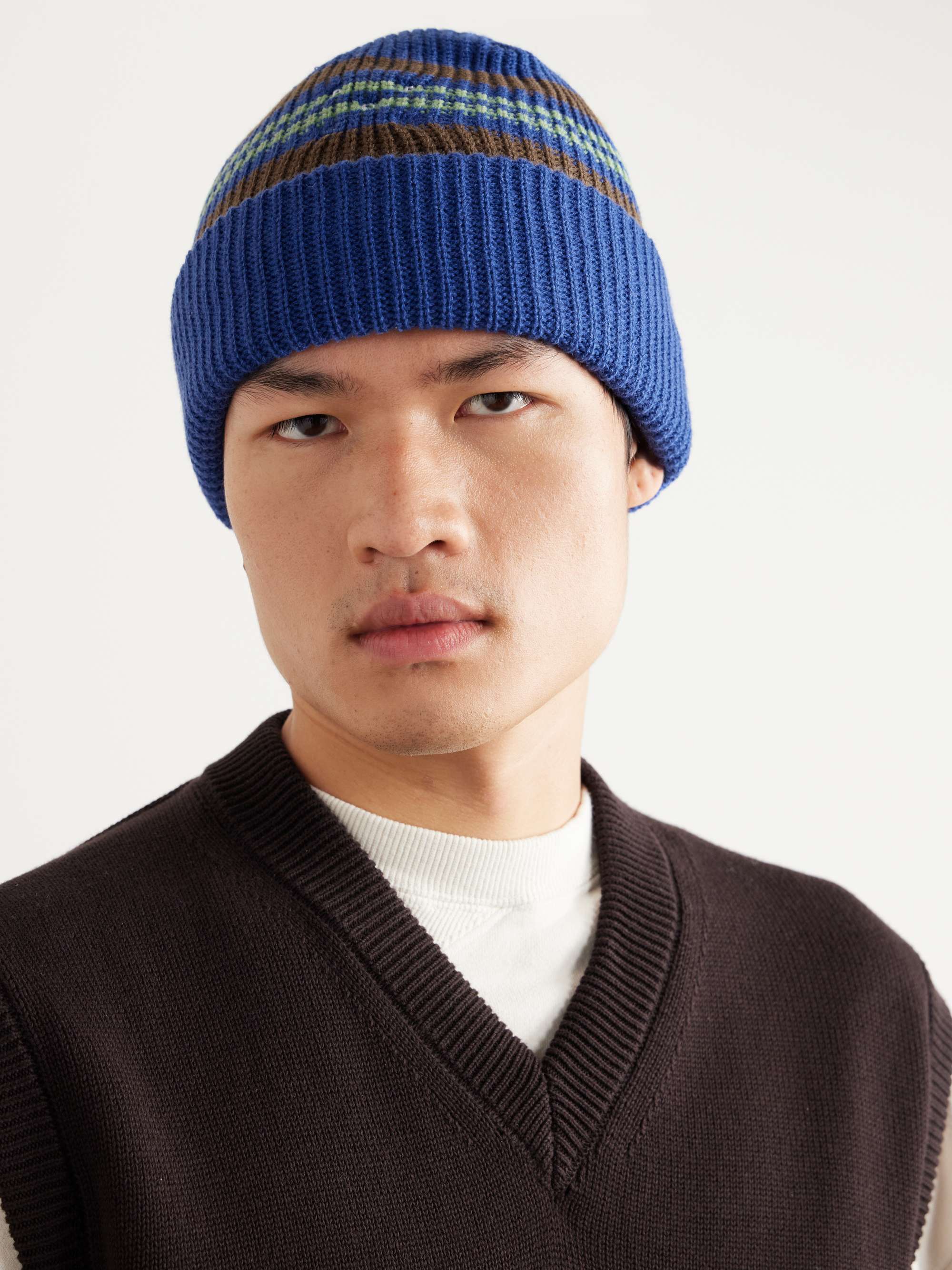 POP TRADING COMPANY Logo-Embroidered Striped Ribbed-Knit Beanie for Men ...