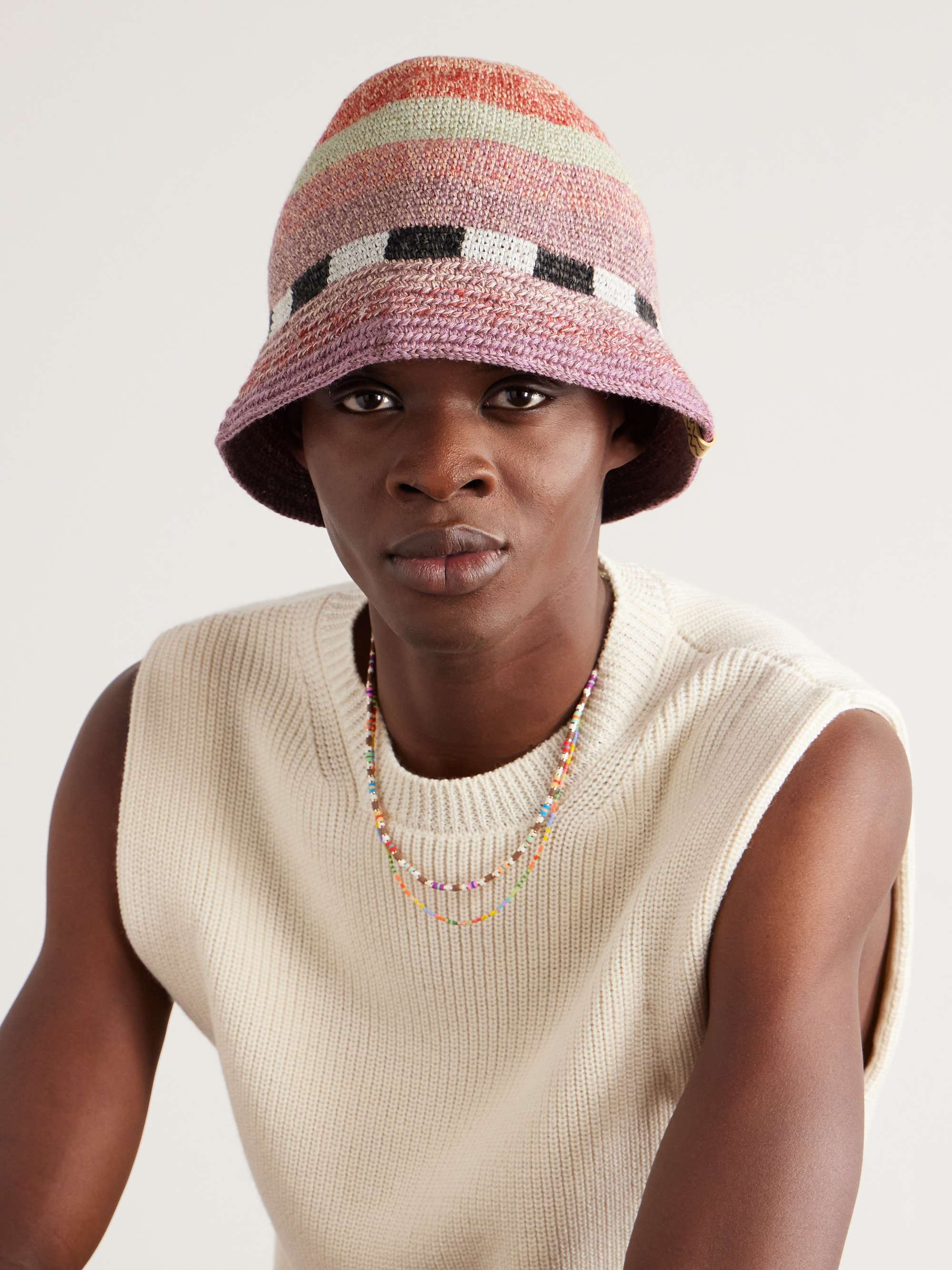 VISVIM Striped Crochet-Knit Wool, Linen and Cotton-Blend Bucket Hat