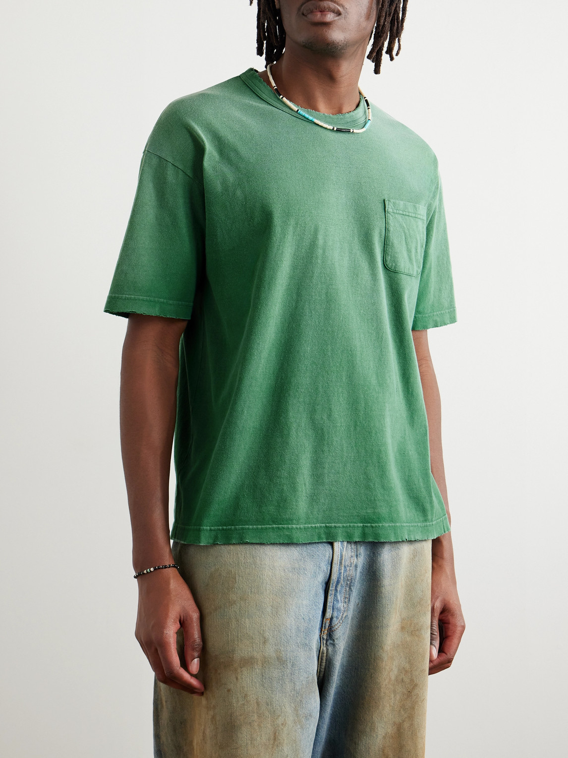 Shop Visvim Jumbo Distressed Garment-dyed Cotton-jersey T-shirt In Green