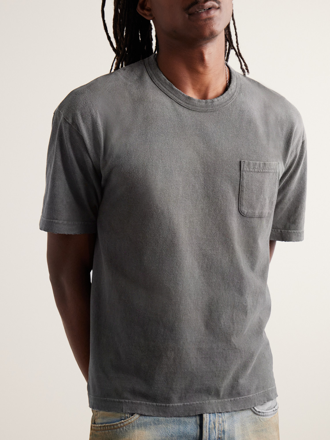 Shop Visvim Jumbo Distressed Garment-dyed Cotton-jersey T-shirt In Gray