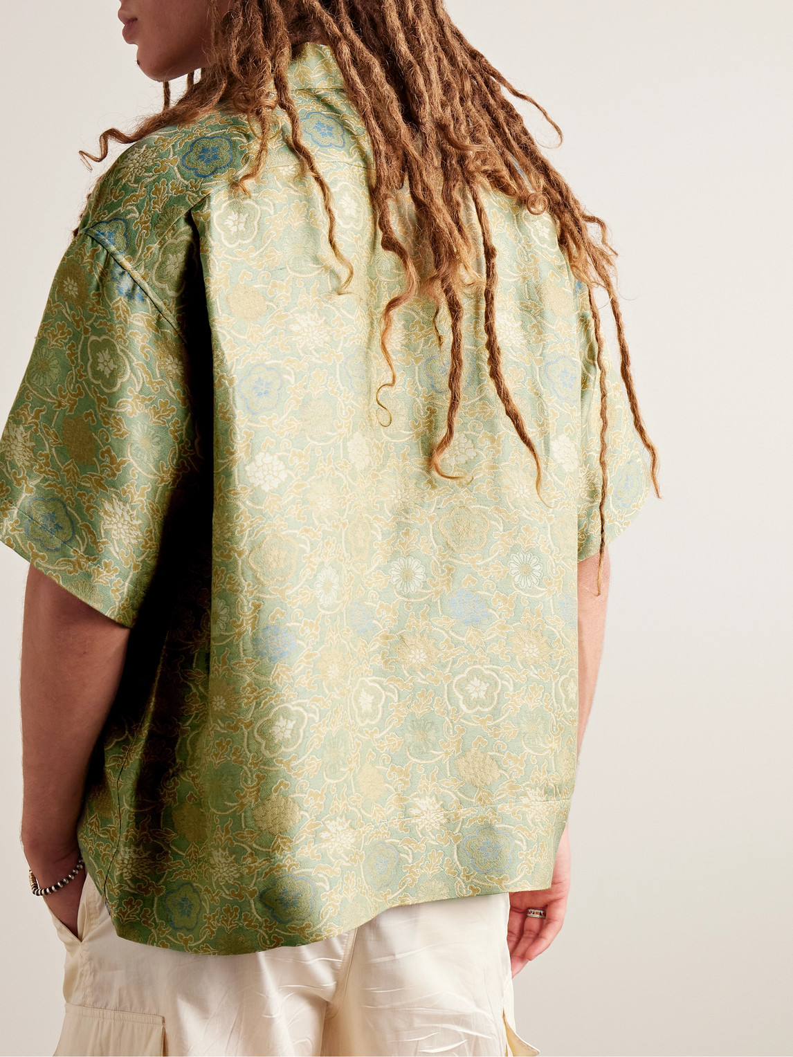 Shop Visvim Copa Camp-collar Floral-jacquard Silk-blend Shirt In Green