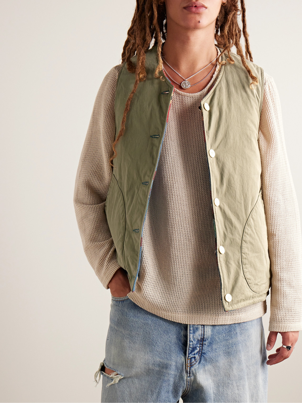 Shop Visvim Kora Reversible Wool, Linen And Cotton-blend Jacquard And Cotton Down Gilet In Blue