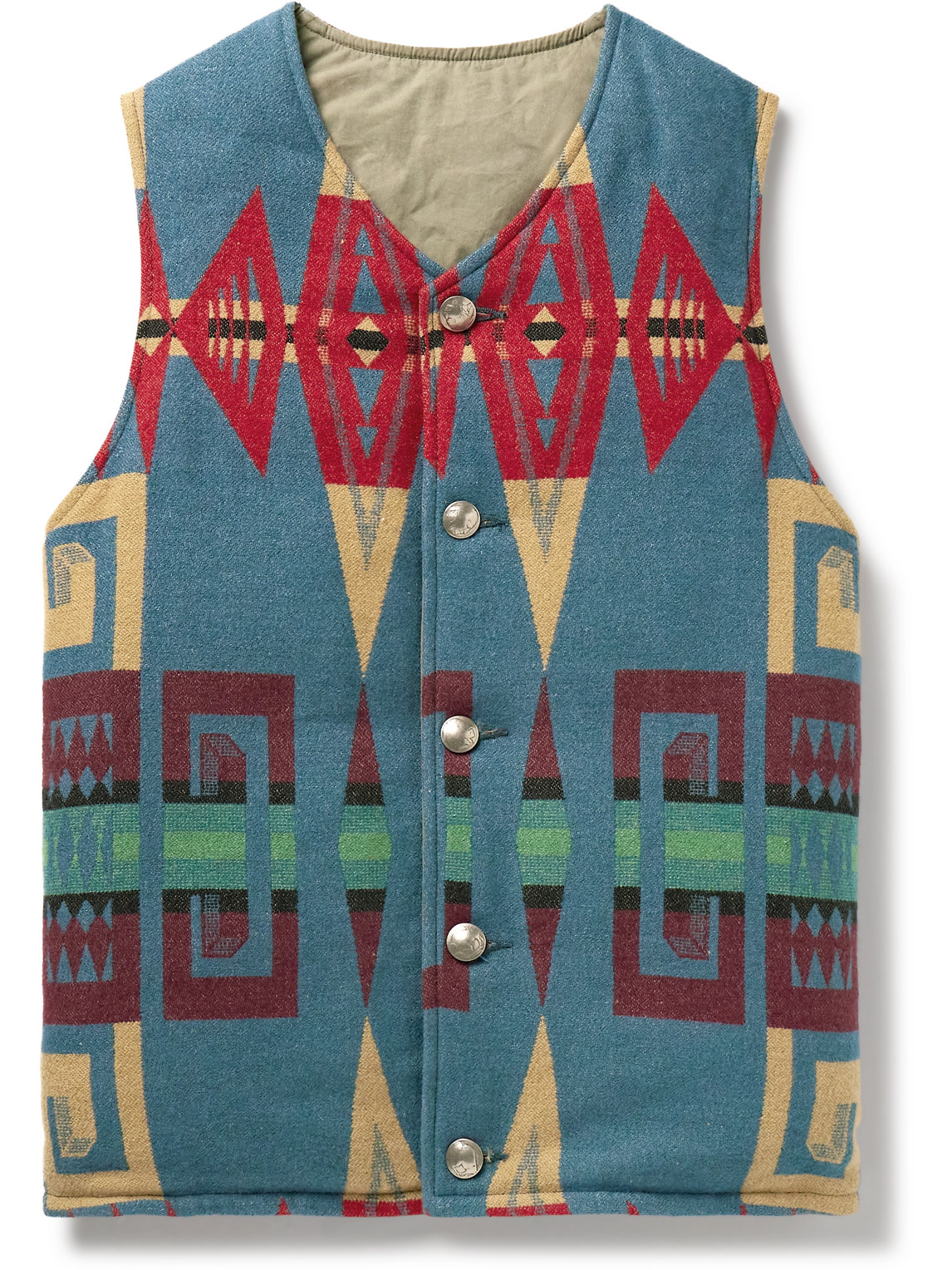 Visvim Kora Reversible Wool, Linen And Cotton-blend Jacquard And Cotton Down Gilet In Blue