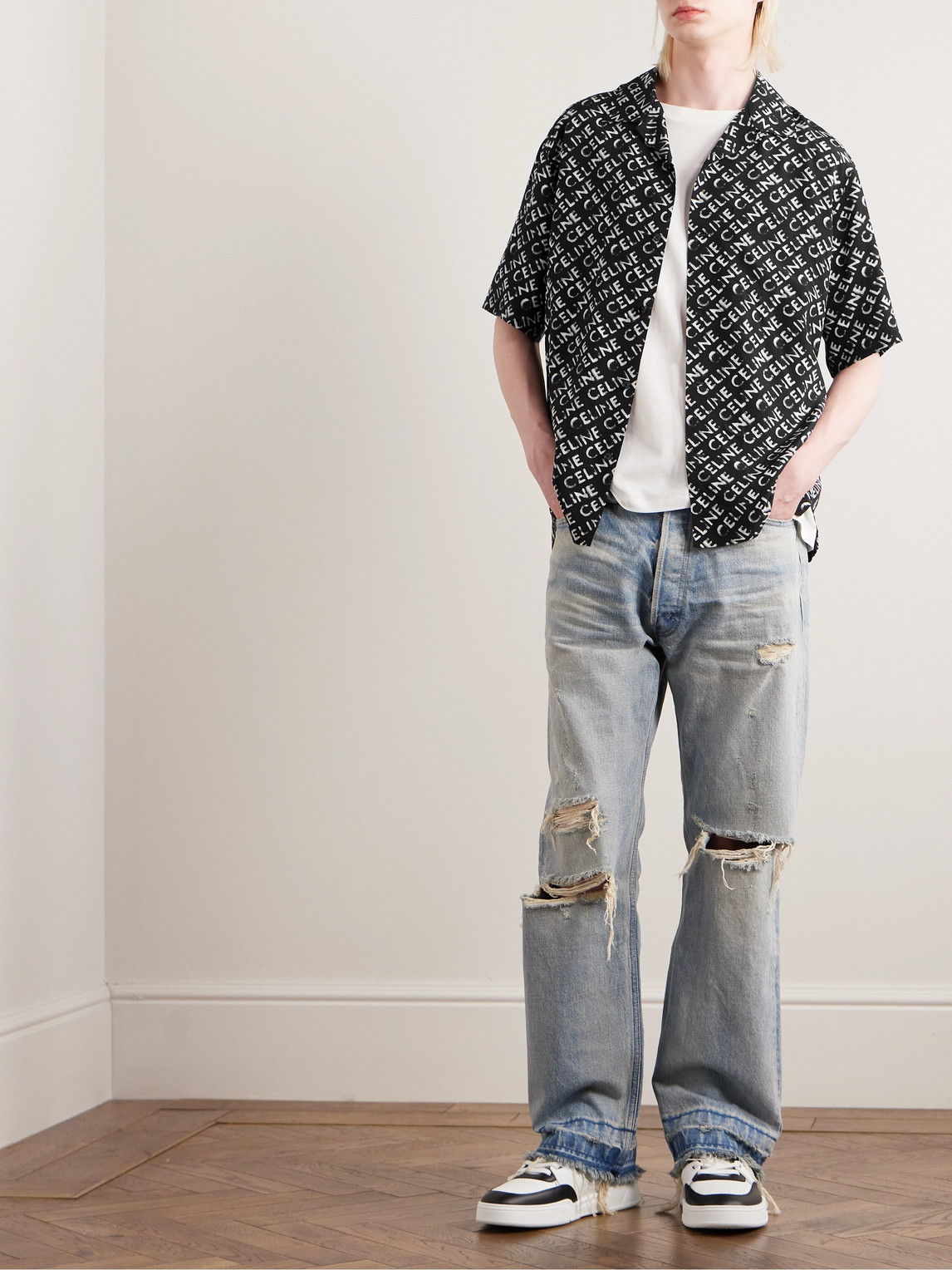 Convertible-Collar Logo-Print Silk Shirt — 2