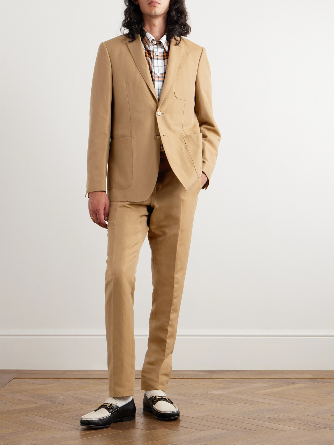 Shop Burberry Slim-fit Unstructured Wool And Linen-blend Suit Jacket In Brown